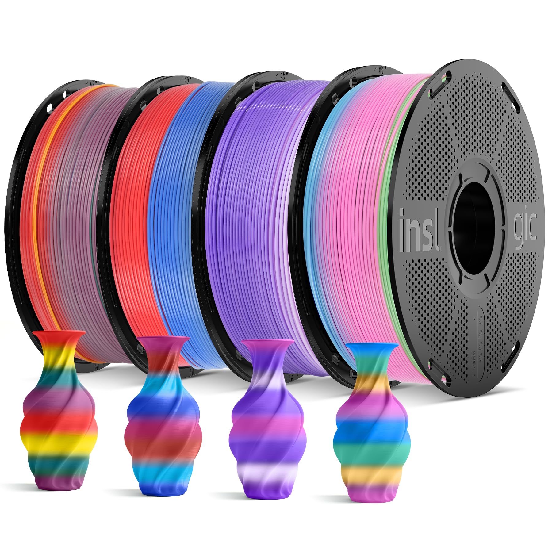 INSLOGIC Pre-Dried Rainbow PLA Filament 1.75mm, Rainbow, 4 Pack, Bundle | Seamless Gradient, Auto-Shift Visuals, Glossy Surface, Unique Prints, 4 Spool Pack, Decorative Displays