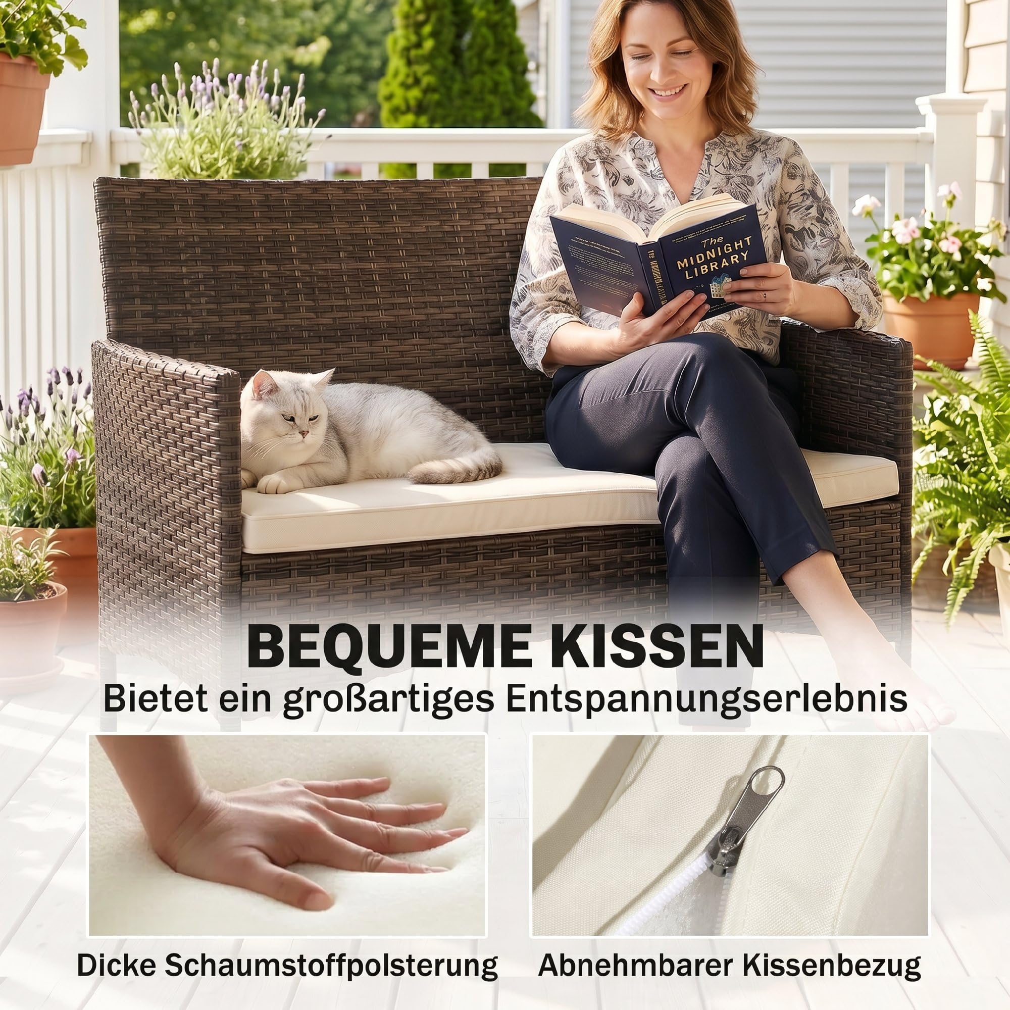 Outsunny Gartensofa 2-Sitzer Rattansofa mit Kissen Loungesofa, Wetterfest Couch für Garten Terrasse Balkon, Poly Rattan, Khaki