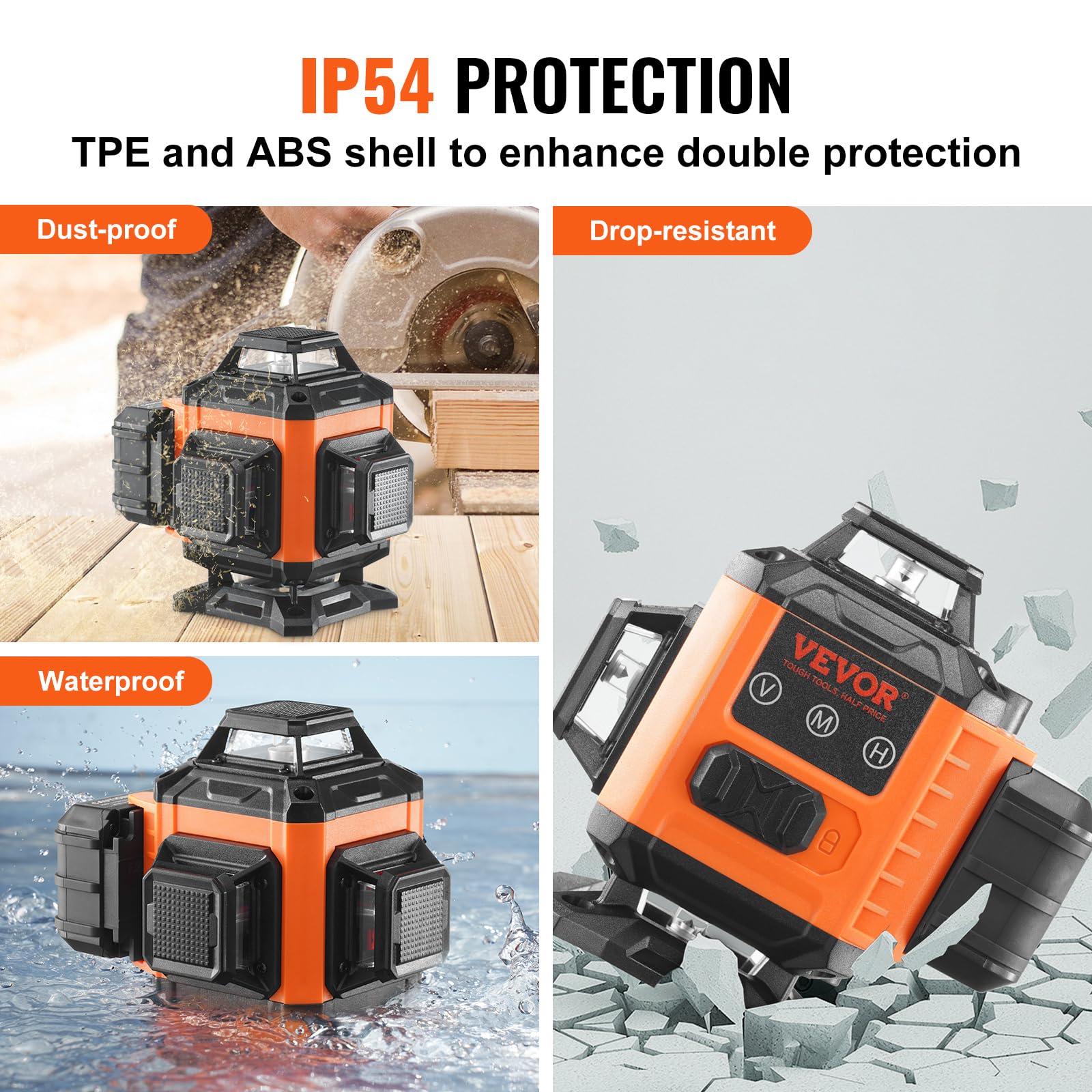 VEVOR Nivel Láser 360° x 4 16 Líneas Cruzadas Verdes 30 m Modo Autonivelante Manual Longitud de Onda 520 nm ± 10 nm Precisión 0,28 cm a 10 m Trabajo Continuo 5 h Con Batería