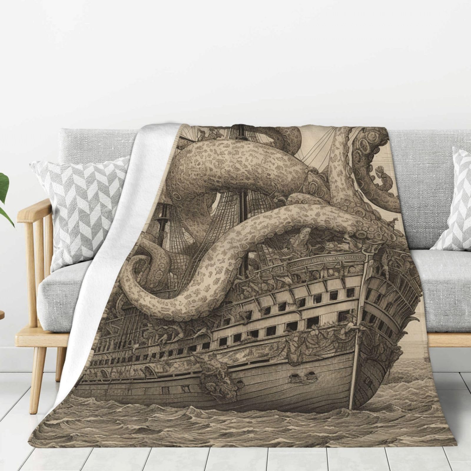 Sailing Pirate Octopus Throw Blanket Plush Flannel Fleece Blanket, Soft Lightweight Cozy Blankets 60"X50" for Bed Couch Sofa Travel
