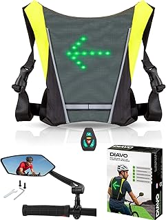 Diavo Gilet LED Sécurité + Rétroviseur Vélo – Pack Haute Visibilité 360° – Étanche & Rechargeable – Cyclisme, Jogging, Trottinette avec LED Clignotant et Télécommande, Installation Facile
