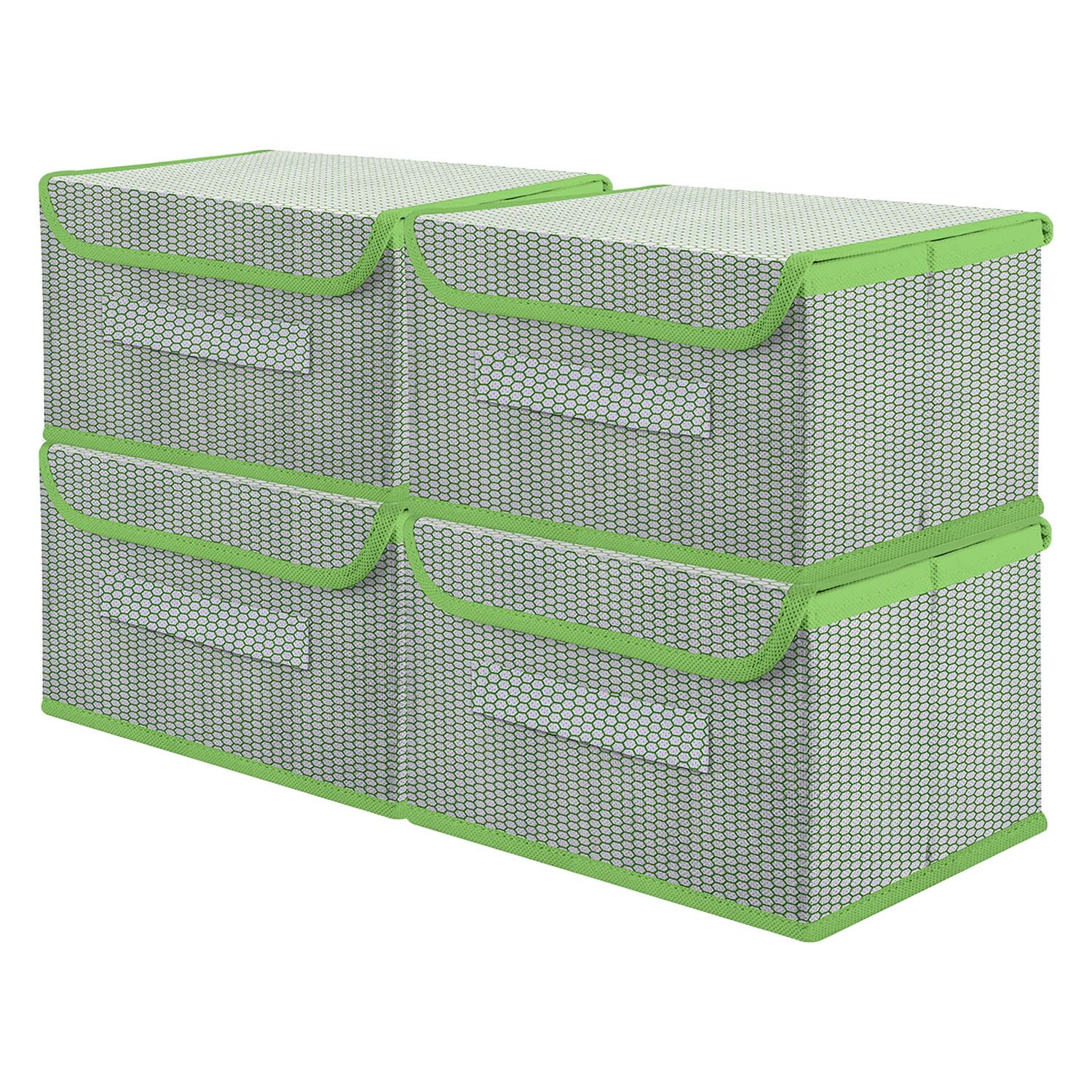 Kuber Industries Drawer Storage Box | Zig Zag Storage Box With Lid | Non-Woven Clothes Organizer For Toys | Storage Box with Handle | Small | Pack of 4 | Green