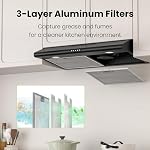 FIREGAS Range Hood 30 inch Under Cabinet, Slim Kitchen Hood with 3 Speed Exhaust Fan, LED Light, Ducted/Ductless Convertible Black Painted Stainless Steel Range Hood with Charcoal Filter