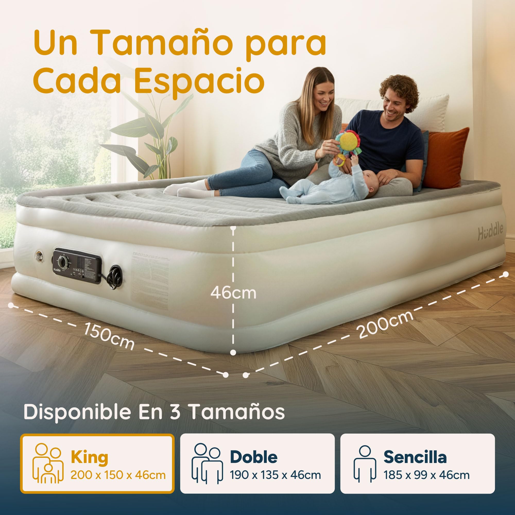 Huddle Never Deflate™ Luxury Colchón Inflable King Size, Ganador del Good Housekeeping 2025, con Hinchador Dual SlumberGuard™, firmeza Ajustable, Bomba integrada y luz Nocturna USB.