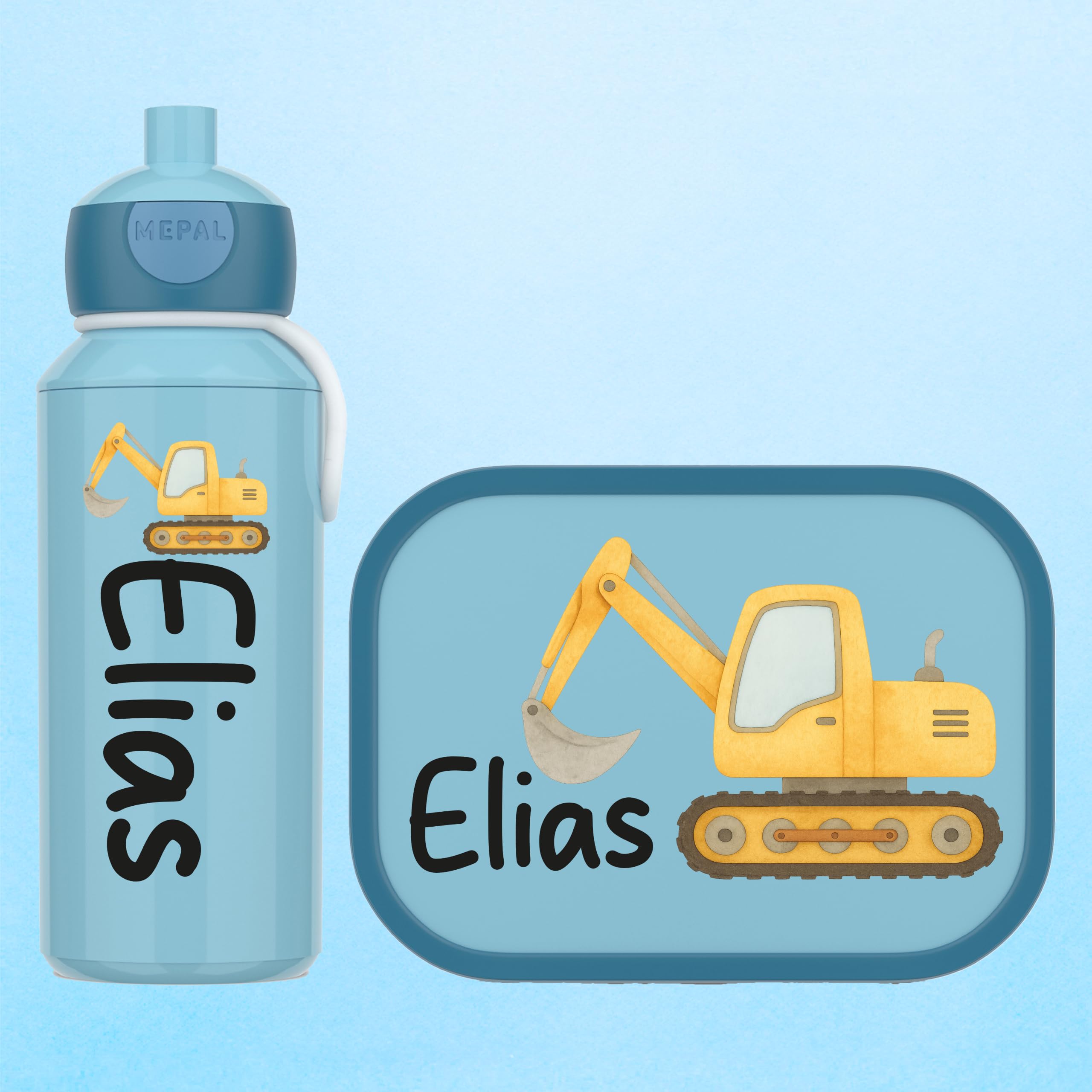 Mepal Brotdose Personalisiert | Süßer Gelber BAgger - Baufahrzeuge | Lunchbox Trinkflasche Lunchpot Personalisiert Mini Müslibecher Geschenk Einschulung Kitastart Kindergarten Schule Flasche