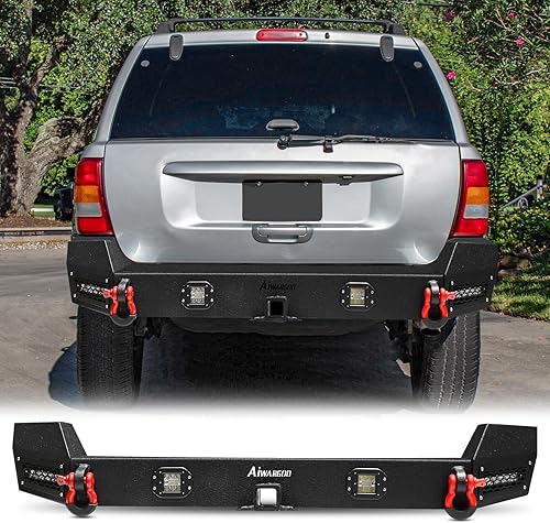 Miniatura 6 de Parachoques trasero compatible con parachoques trasero Grand Cherokee WJ de acero negro 1999 2000 2001 2002 2003 2004 con placa de cabrestante y