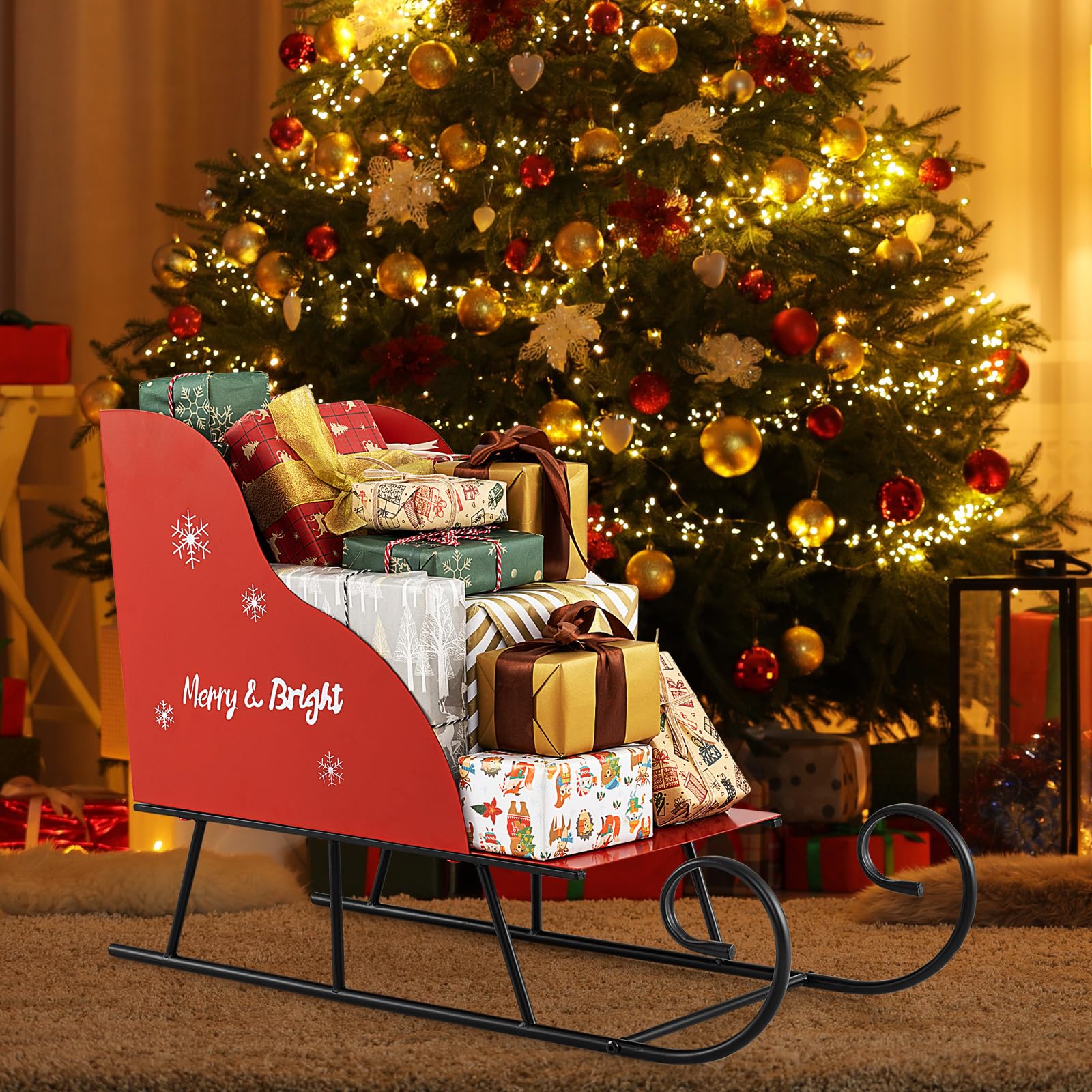 COSTWAY Deko Schlitten für Weihnachten, Weihnachtsschlitten aus Metall, Weihnachtsdeko groß Outdoor, Schlittenkorb Metallschlitten, Weihnachtsdekoration für Zuhause, Büro, 74 x 32 x 51 cm, Rot