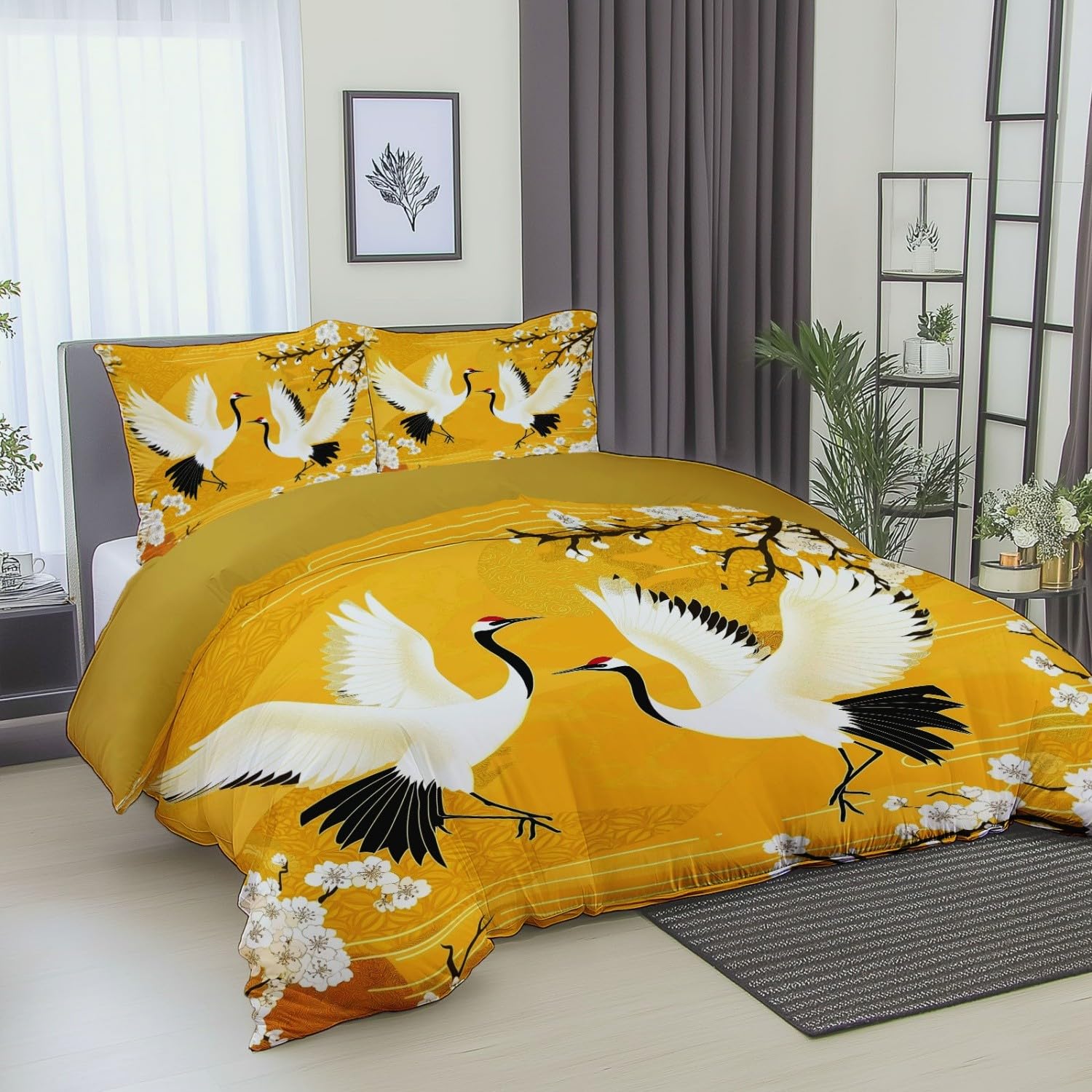 Housse de Couette 220 x 240 cm (2 Taies 65x65), Style L'Élégance De La Grue Blanche Japonaise, en Microfibre Brossée de Qualité pour Un Lit Élégant, Jaune