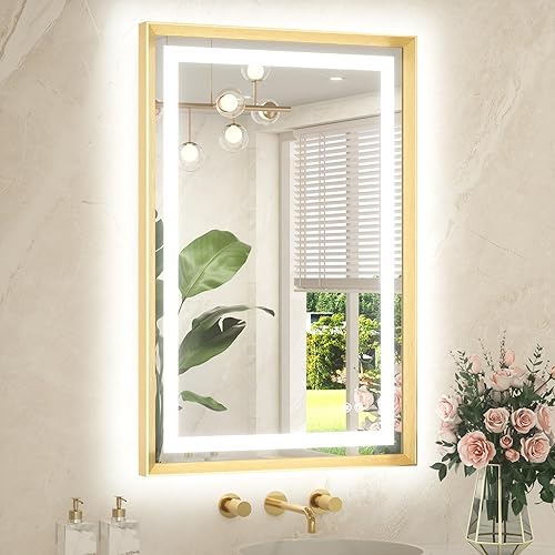 Miniatura 57 de TETOTE Espejo LED de baño de 24 x 32 pulgadas, marco de metal dorado cepillado frontal y retroiluminado, espejo de tocador antiniebla, regulable Oro
