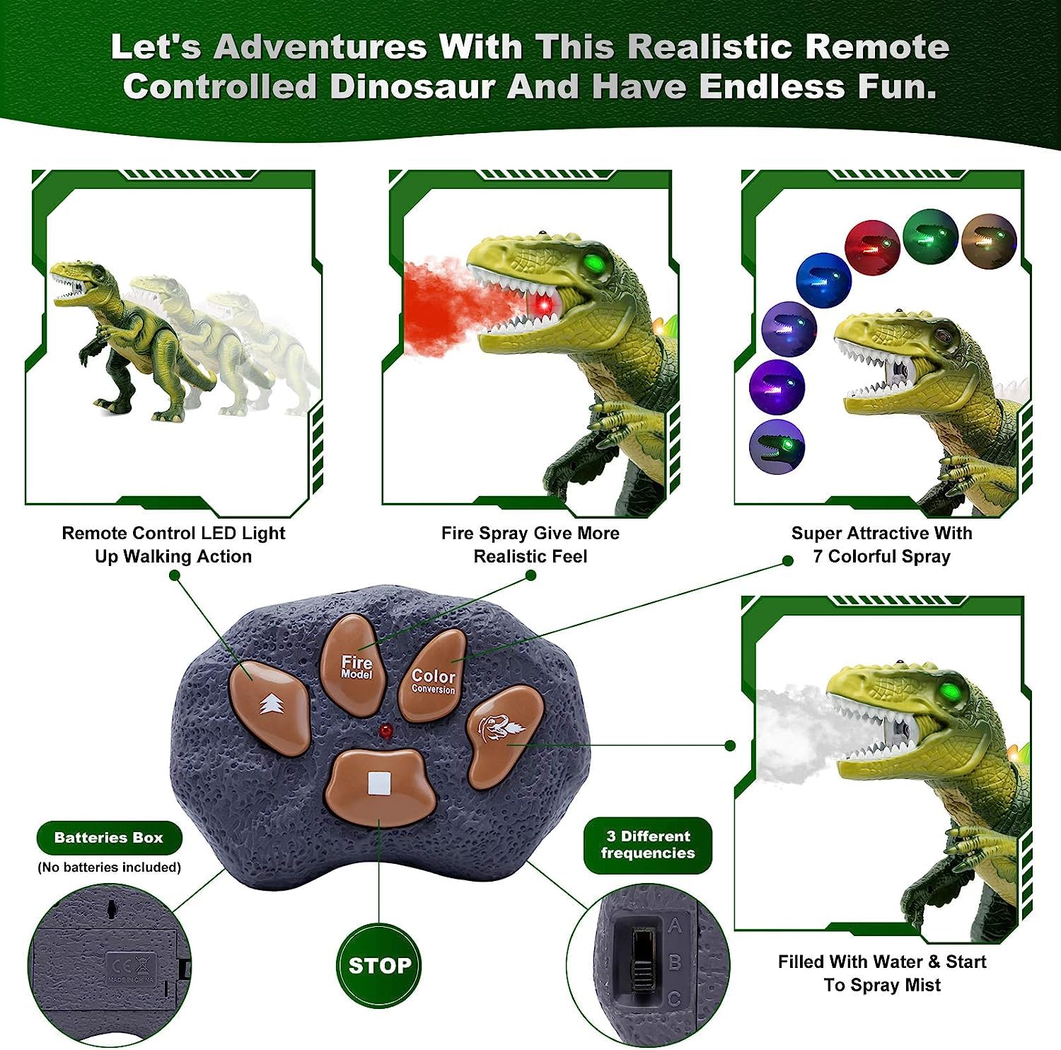 EUPHORIA Rk Toys Trending Smoke Remote Control Dinosaur for Kids With Light Up Eyes & Roaring Sound, Walking Robot, Big RC, Large 17In Realistic Dilophosaurus 3