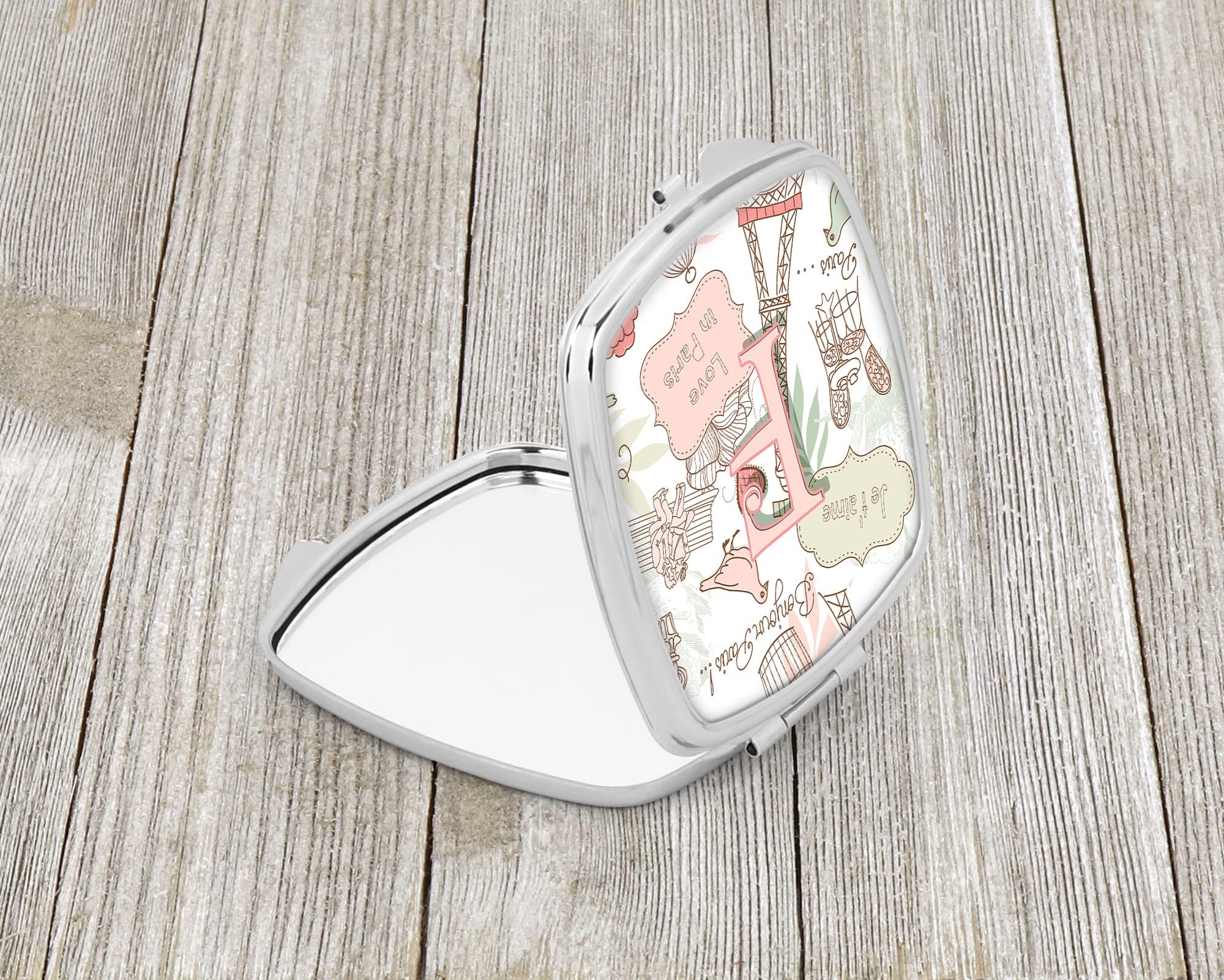 Caroline's Treasures CJ2002-FSCM Letter F Love in Paris Pink Compact Mirror Decorative Travel Makeup Mirror for Women Girls Gifts Pocket Makeup Mirror Folding Handheld