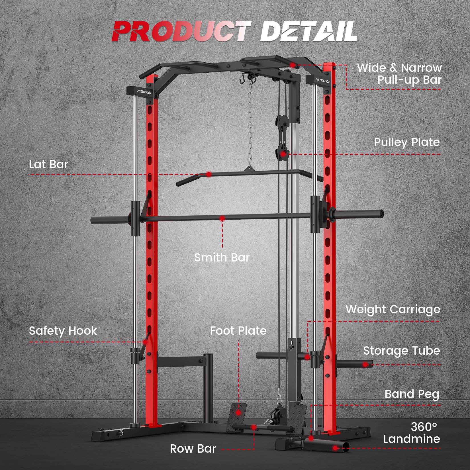 All in One Smith Machine with LAT-Pull Down, Multi-Functional Smith Machine, Power Cage with Cable Crossover, Squat Rack with Landmine, Barbell Bar, Plate Storage Pegs and More Training Attachment