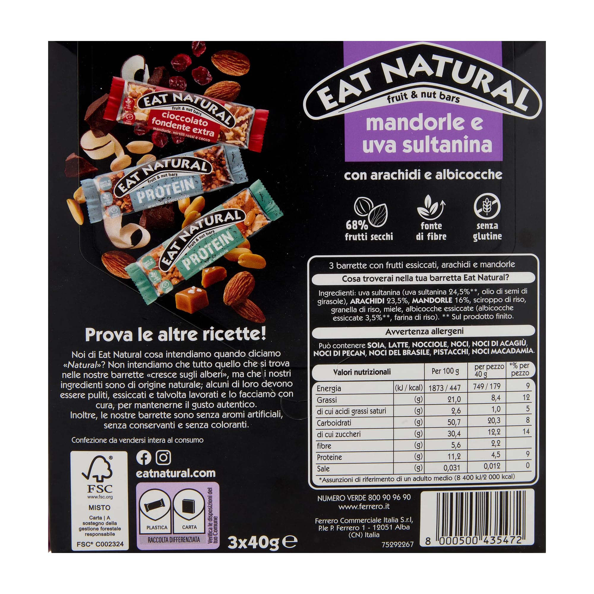 8X Eat Natural Barretta Mandorle e Uva Sultanina con Arachidi e Albicocche, Senza Glutine (Gluten free) 120g