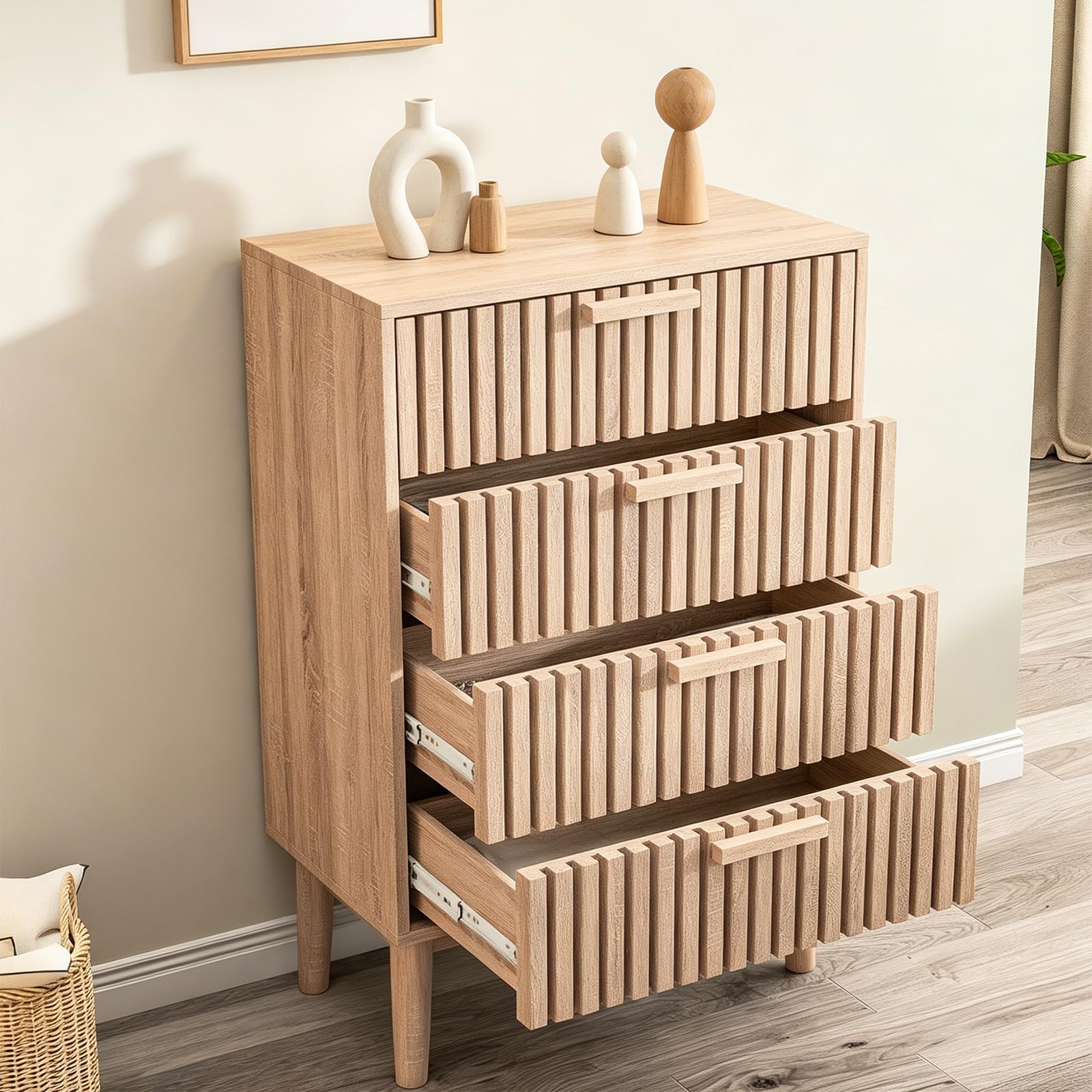 Komoda z 4 szufladami, 60 cm, drewniana szafka do przechowywania, z efektem żłobienia, do salonu, sypialni, jadalni (drewno z 4 szufladami, 60 x 34 x 90 cm)