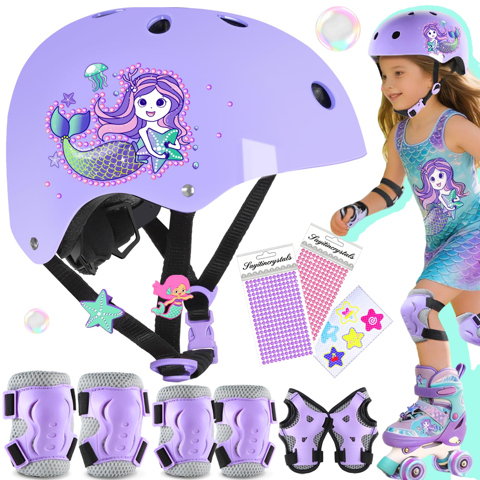 Sirène Casque Vélo Enfant Ajustable Genouillères Enfant Ensemble de Protections équipement de Protection de Sport Genou Coude Poignets pour Skateboard Roller Scooter Patins Trottinette