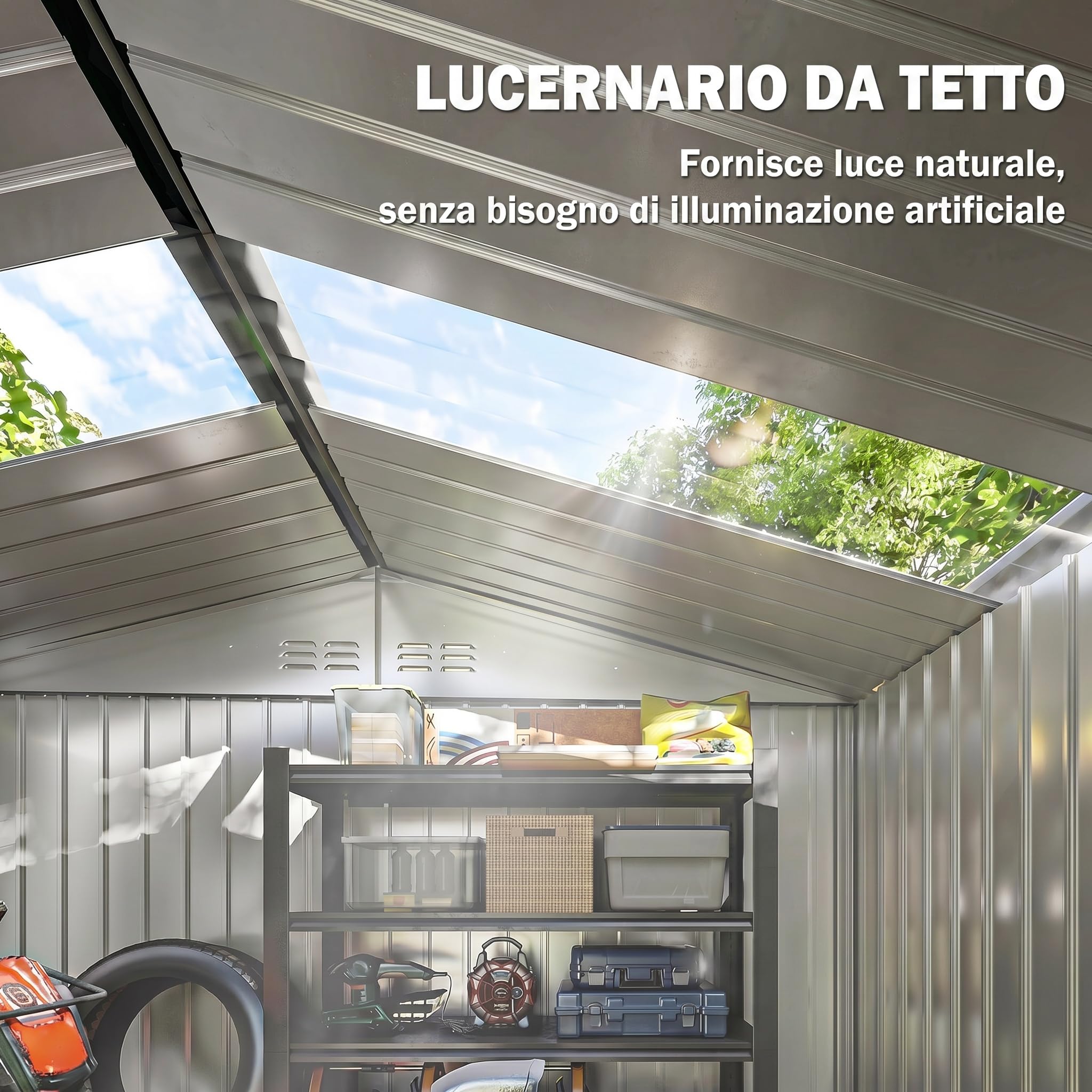 Outsunny Casetta da Giardino 2.42m² in Acciaio Zincato con Prese d'Aria e Kit Fondazione, Capanno da Giardino con Lucernario, Doppia Porta Scorrevole Bloccabile, Tetto Inclinato, Grigio Scuro