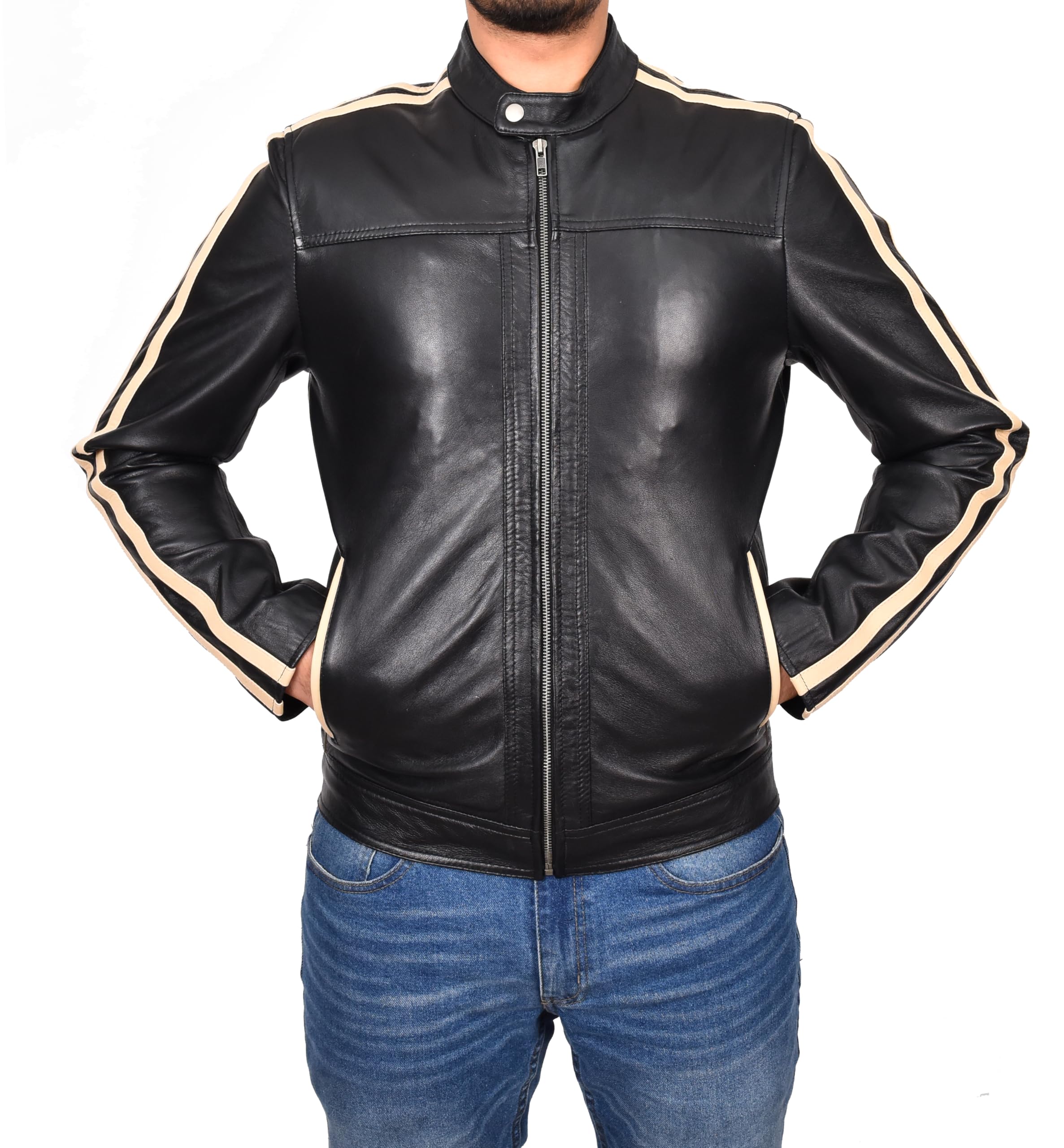 Mens Real Leather Biker Jacket Racing Black White Stripes Café Racer DOM (UK, Alpha, XXL, Regular, Regular, Black)