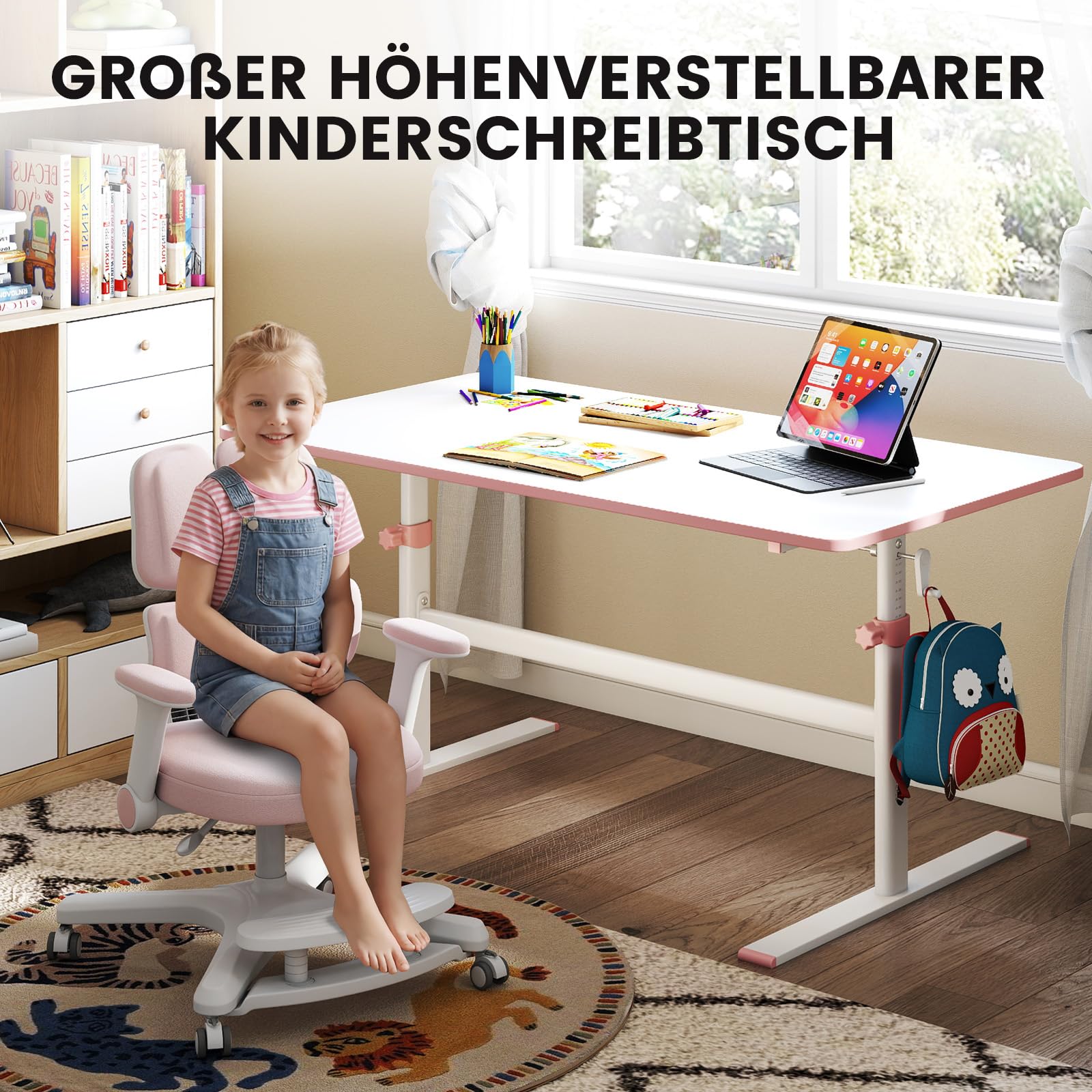 JOYLDIAS Kinderschreibtisch höhenverstellbar 110×60 cm, Rosa | Tischplatte mit Kurbel, blendfreie Oberfläche, Einklemmschutz, abgerundete Ecken