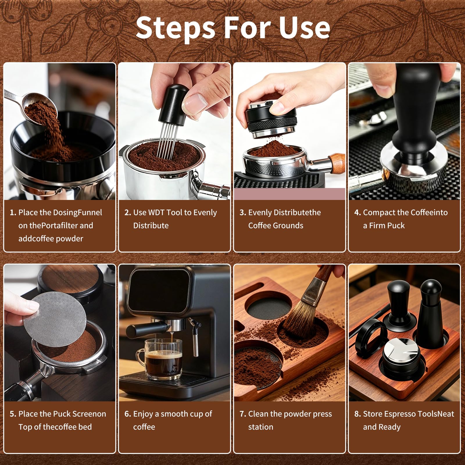 7-teiliges Barista Set 51mm aus hochwertigem Edelstahl für perfekten Kaffeegenuss zu Hause inkl. WDT Tool, Tamper & Tamperstation - Premium Espresso Zubehör für Siebträgermaschine