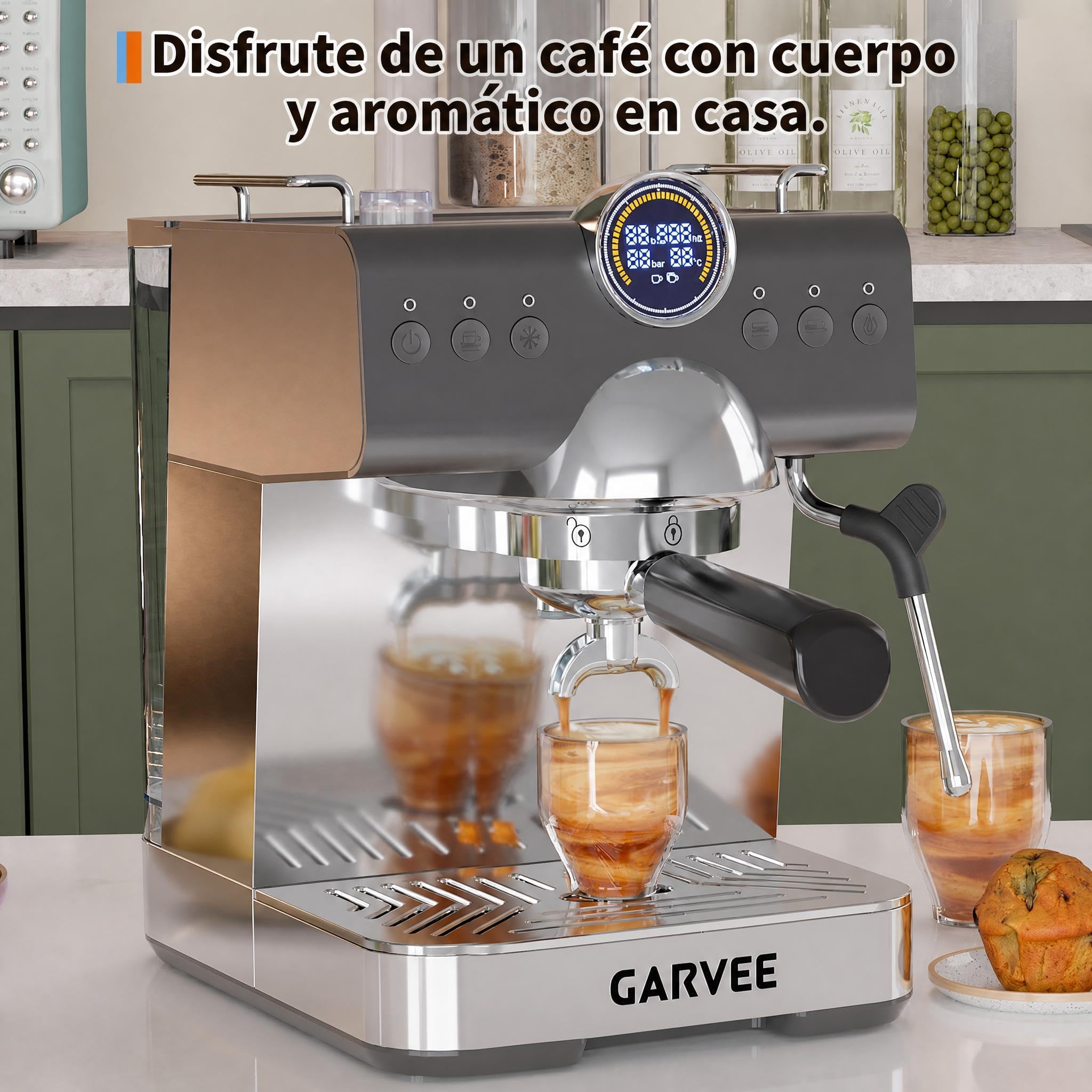 GarveeLife Cafetera Expreso Semiautomática 20 Bares con Vaporizador de Leche - Depósito 1,5L Thermoblock - Ideal para Uso Doméstico, Capuchino y Latte