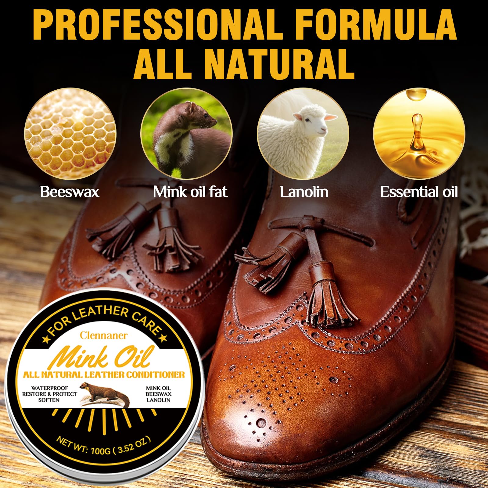 Mink Oil for Leather Boots, 4-in-1 Leather Conditioner and Cleaner, Waterproof Soften and Restore Shoes, Jackets, Hats, Baseball Gloves, Saddles and Harnesses (3.52 Oz)