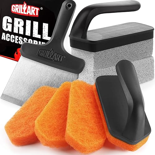 GRILLART Griddle Cleaning Kit for Blackstone, Flat Top Grill Cleaning Kit with Grill Stone, Griddle Scraper, Scouring Pad and Handles, Multifunctional Griddle Accessories for Rusty Grills, Orange - BSK-02