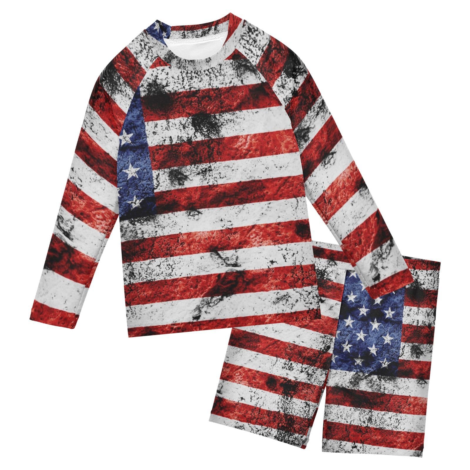 Aflyko Patriot Boys Girls Rash Guard Set Grunge American Flag Liberty Swim Outfit Pollover Bathing Suit Fishing Sun Shirt Quick Dry Swimming Surfing Shorts, 9-10T