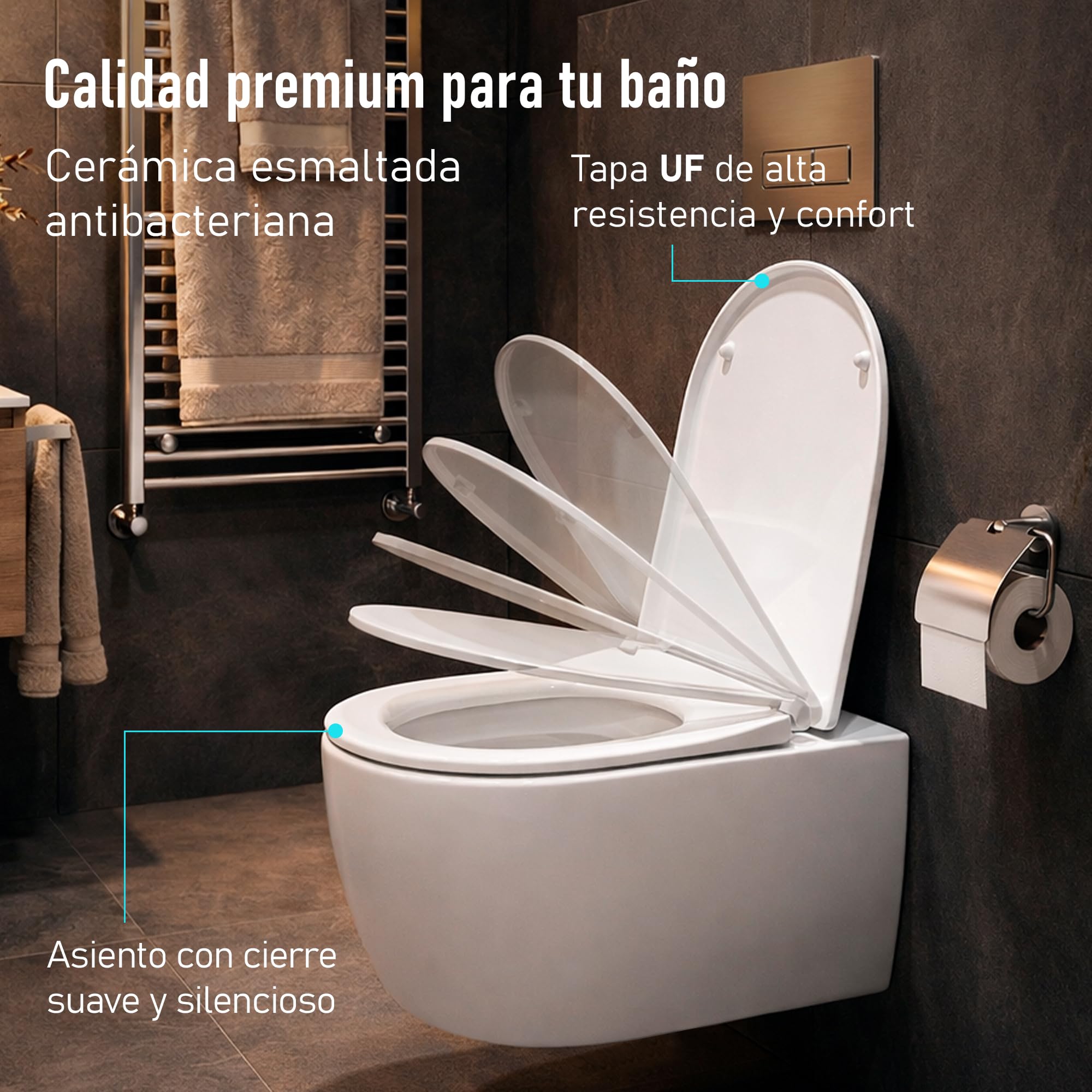 WC Inodoro de Cerámica Suspendido | 530x365x365 mm | Váter con Sistema Rimless Antibacterias, Tapa Dura Extrafina UF Amortiguada y Ahorro de Agua (Blanco)