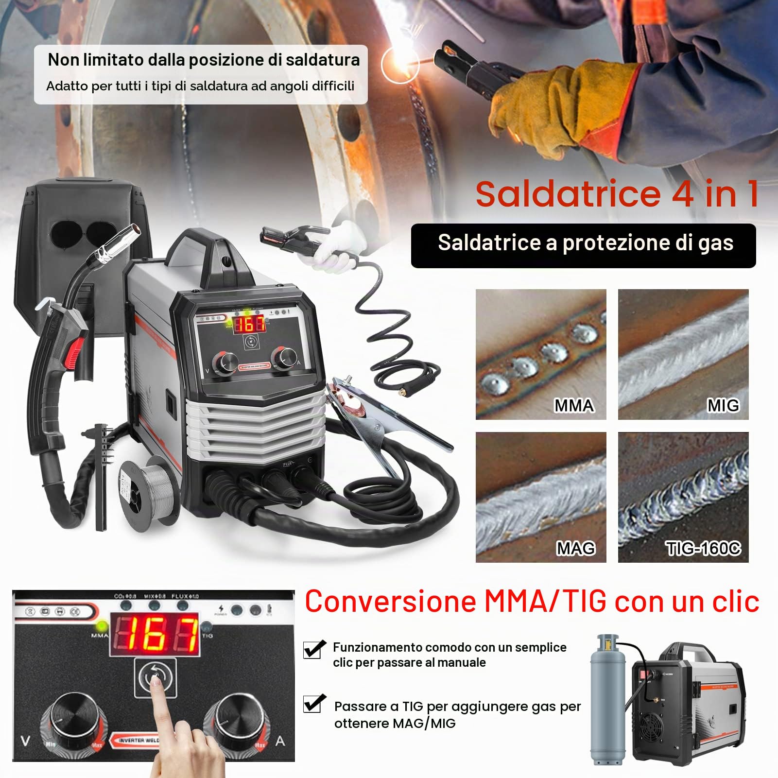 Weytoll Saldatrice a Filo Continuo 4 in 1 MIG (gas e senza gas), MMA, MAG, TIG 160A 220V, Velocità di alimentazione del filo regolabile, Saldatrice MIG a gas e senza gas, saldatrice a stick TIG