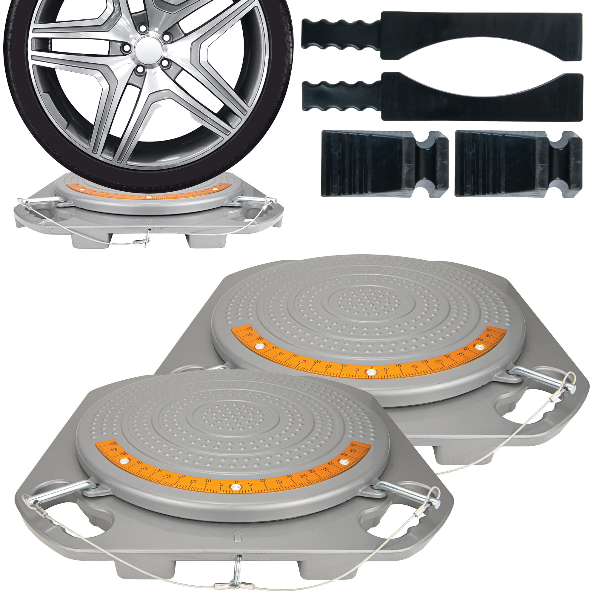 AutoSolo Plateaux Pivotants d'Alignement 4 Tonnes - Cadran Laiton, Kit DIY Économique pour Géométrie de Roue à Domicile (Paire avec Accessoires)