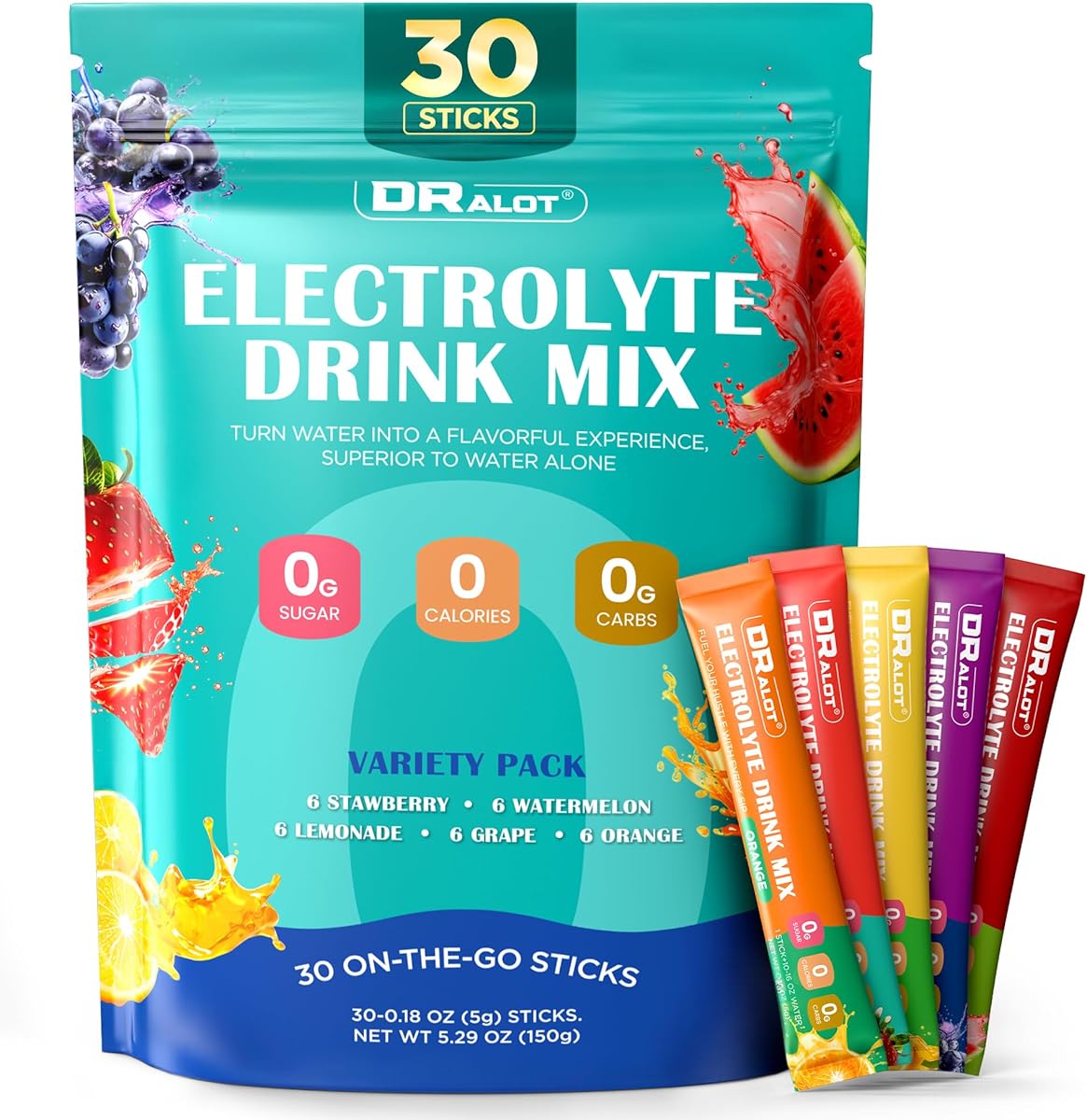 Dralot Juicy Splash 30 Packs Sugar Free Electrolytes Powder w/Natural Flavor, Liquid Daily IV Recharge+Tech. Mix 5 Electrolyte for Balance, Raw Seasalt Hydration Packets for GF, Vegan, Non-GMO, Keto