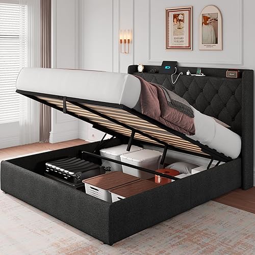 Miniatura 9 de iPormis Base de cama de almacenamiento elevable de tamaño completo con estación de carga, base de cama de plataforma tapizada con cabecera capitoné,