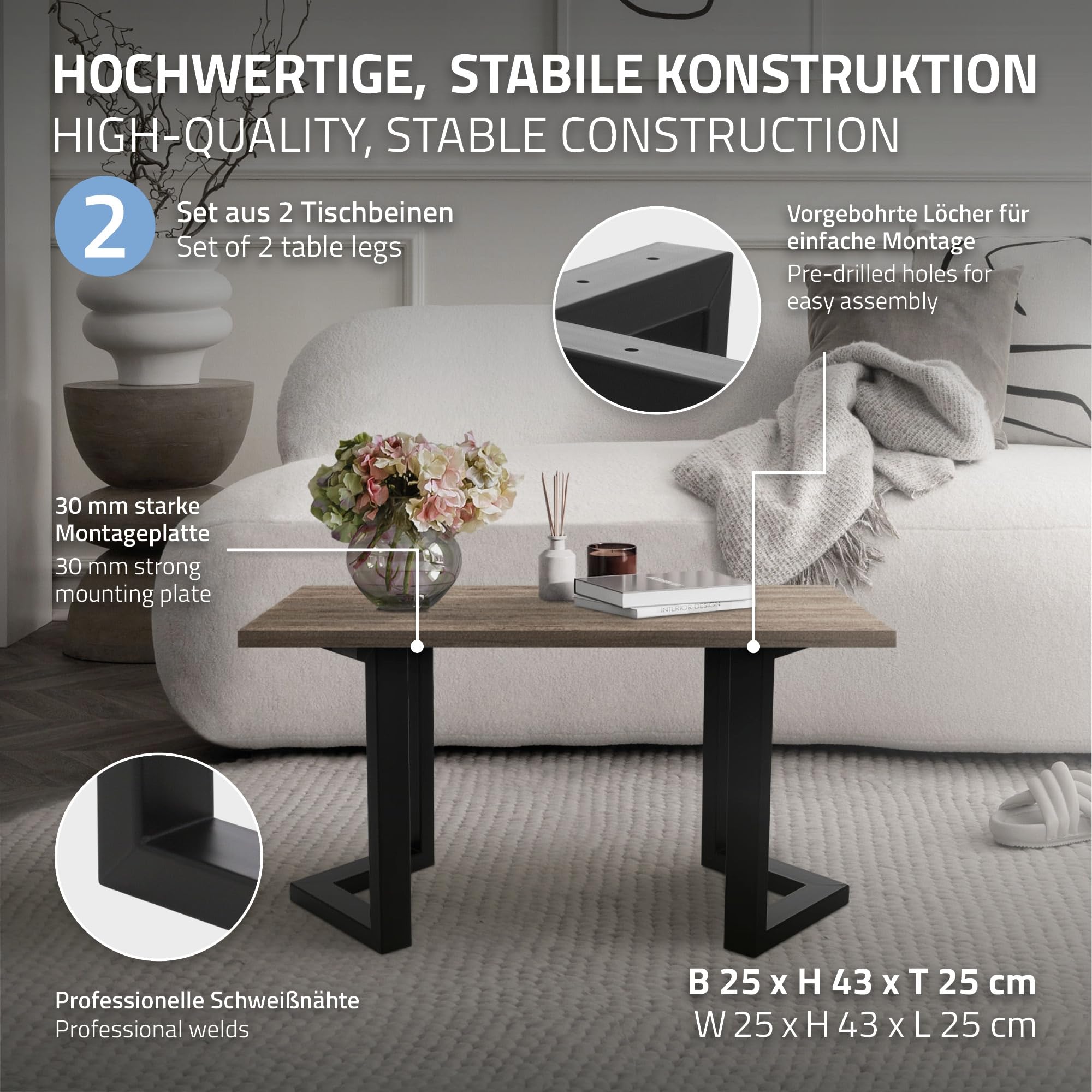 ML-Design Set 2x Base de Mesa en V 25 x 43 cm Soporte Angular Negro Mate de Metal Acero Recubierto de Polvo Bastidor para Escritorio Pata para Consola Sostén para Tablero Pie Armazón Diseño Industrial