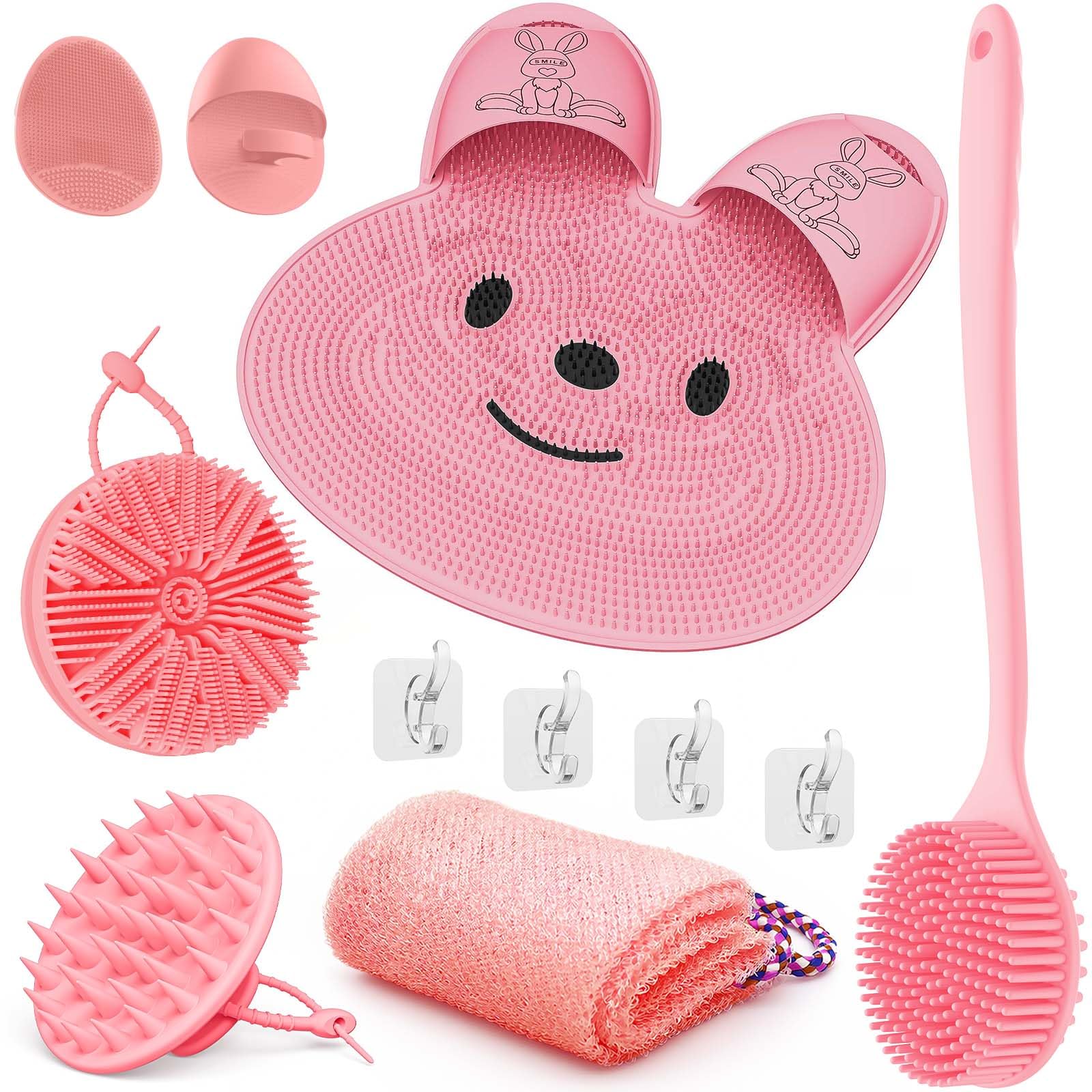 Manmihealth Alfombrilla de silicona con forma de conejo para ducha con ventosas antideslizantes, limpiador de espalda de silicona con mango largo, limpiador corporal de ducha, masajeador de cuero