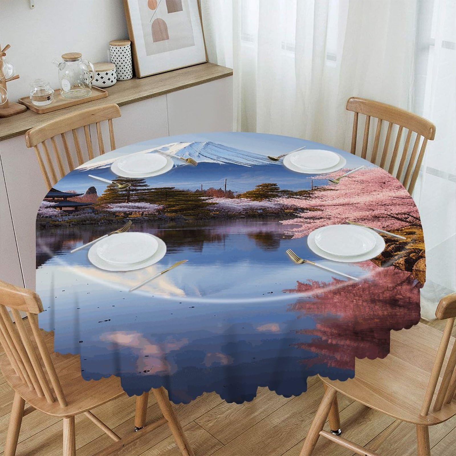 VstaDank Mount Fuji Cherry Blossom Trees Round Tablecloth Premium Polyester Table Cloth Heavy Duty Washable Fabric Tablecloth Waterproof Holiday Table Cover Decorative Tablecloths for Dining 60"