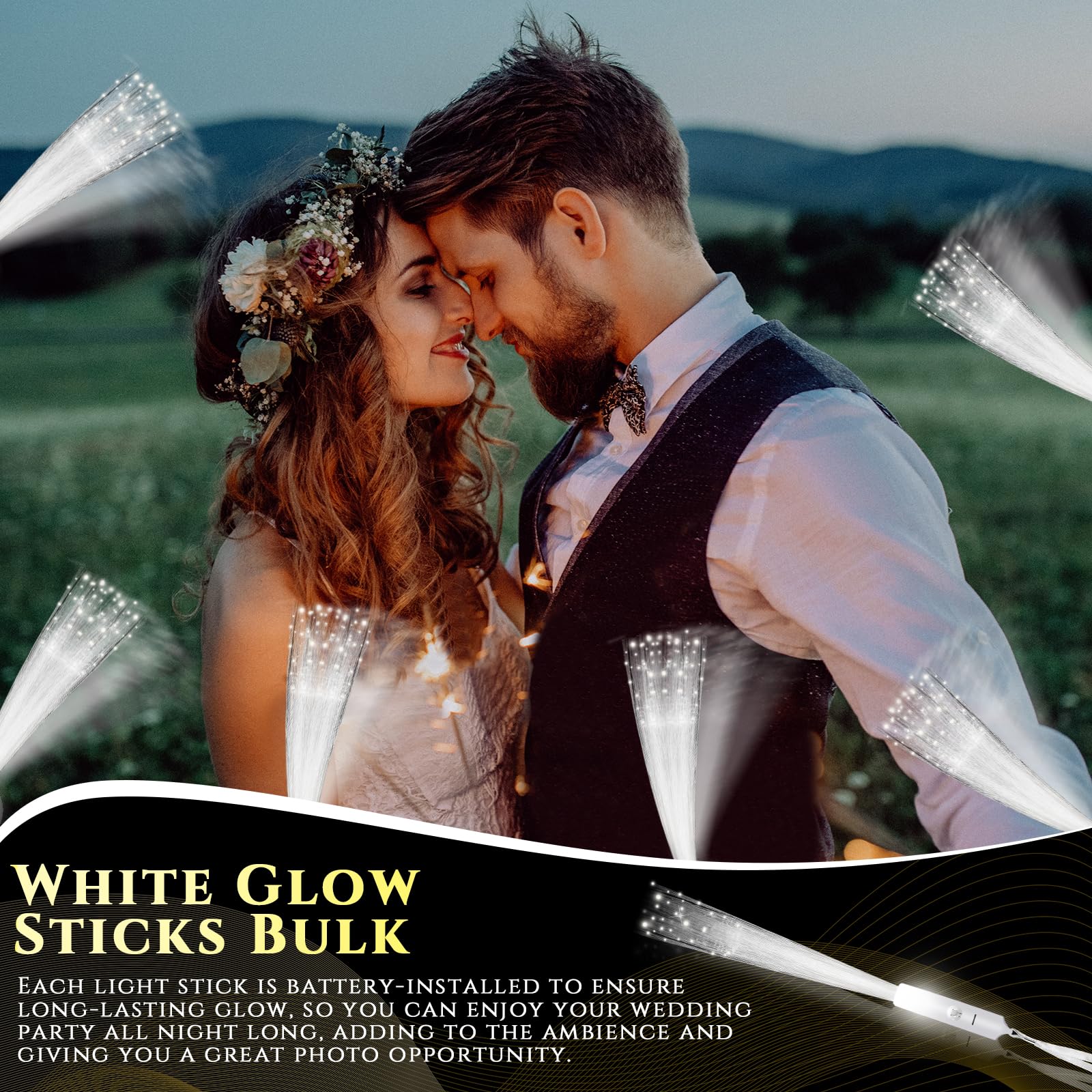 Junkin 200 varitas de fibra óptica blancas para bodas, varitas LED brillantes a granel con modo de luz constante para recepción, boda, día de San Valentín, fiesta de cumpleaños