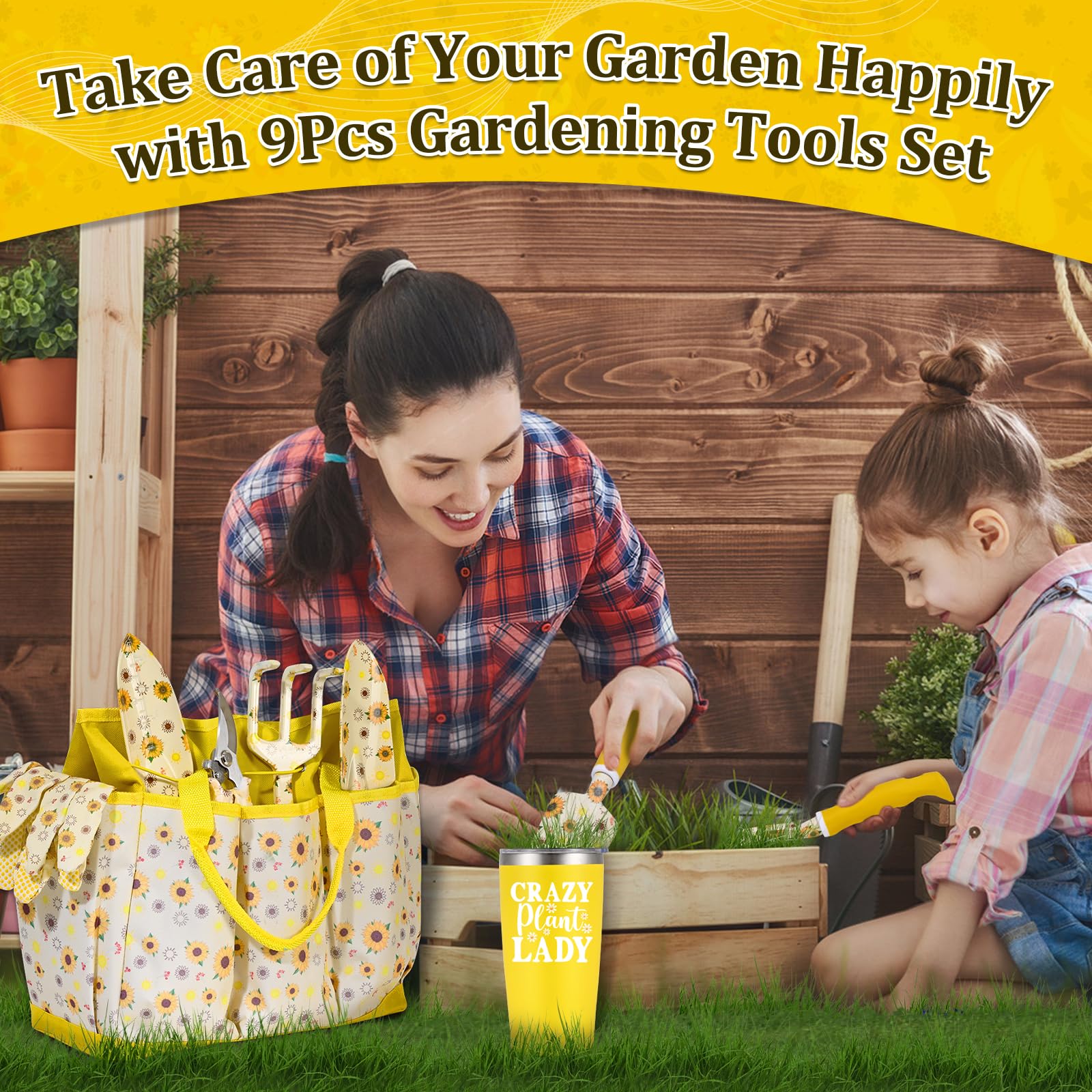Regalos de jardinería para mujeres, herramientas de jardinería para mujeres, juego de 9 herramientas de jardín de girasol con bolsa de herramientas de jardín, cumpleaños para el día de la madre, para