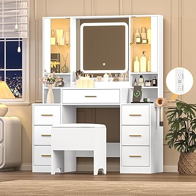 Black Makeup Vanity Desk with Mirror & Lights, Modern Vanity Table with Charging Station, 7 Drawers, Glass Cabinet, Shelves & Cushioned Stool, Bedroom Dressing Table Set for Women & Girls