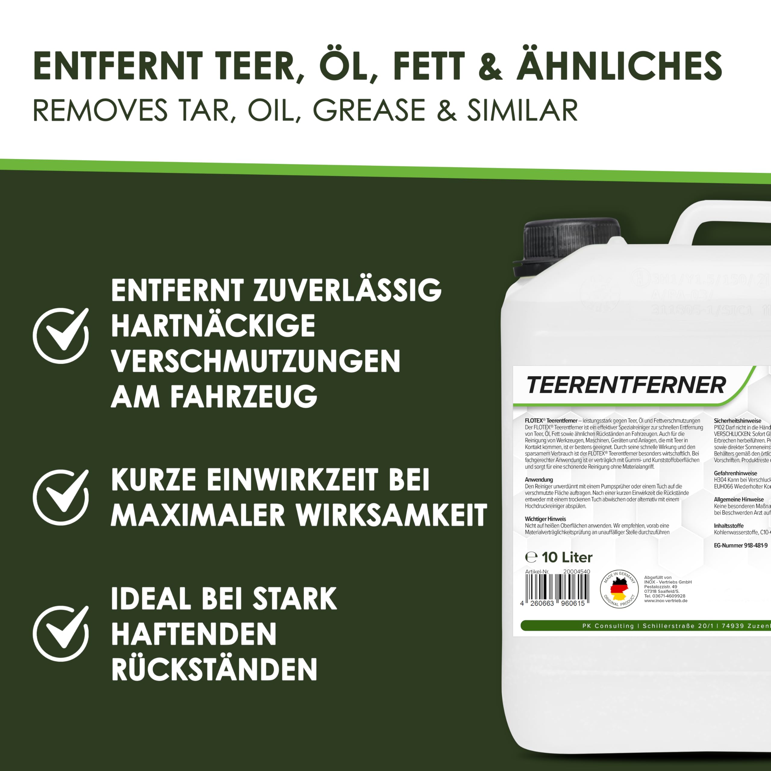 Profi Teerentferner Auto - 10L I Teer Entferner für Auto, Wohnmobil, Werkzeuge & Mehr - Löst effektiv Rückstände von Teer, Bitumen, Öl & Fett I Bitumen Entferner, Baumharzentferner