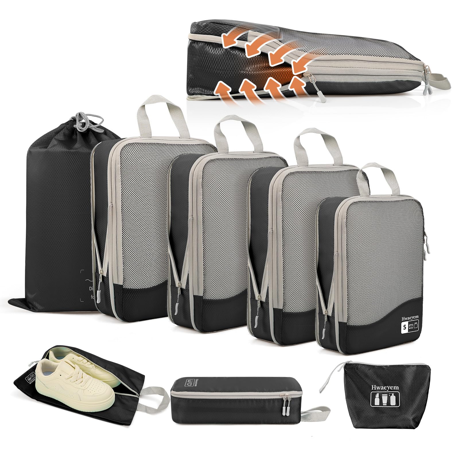 HWAEYEM Compression Packing Cubes 8 Set, Dual Zipper Compression Packing Cubes for Travel, See-Through Mesh Packing Bags for Suitcases, packing cubes with shoe bag (Black)