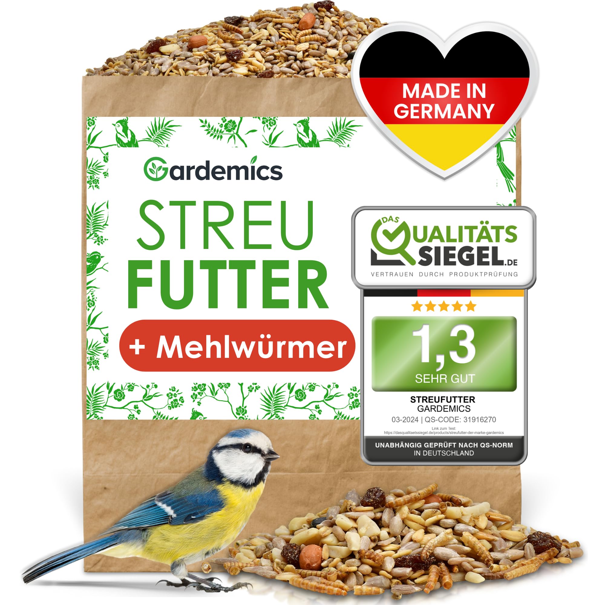 Gardemics Vogelfutter Wildvögel ganzjährig 10 Kg - Mit Mehlwürmern - Premium Protein Wildvogelfutter Ganzjahresfutter für Artenvielfalt im Garten