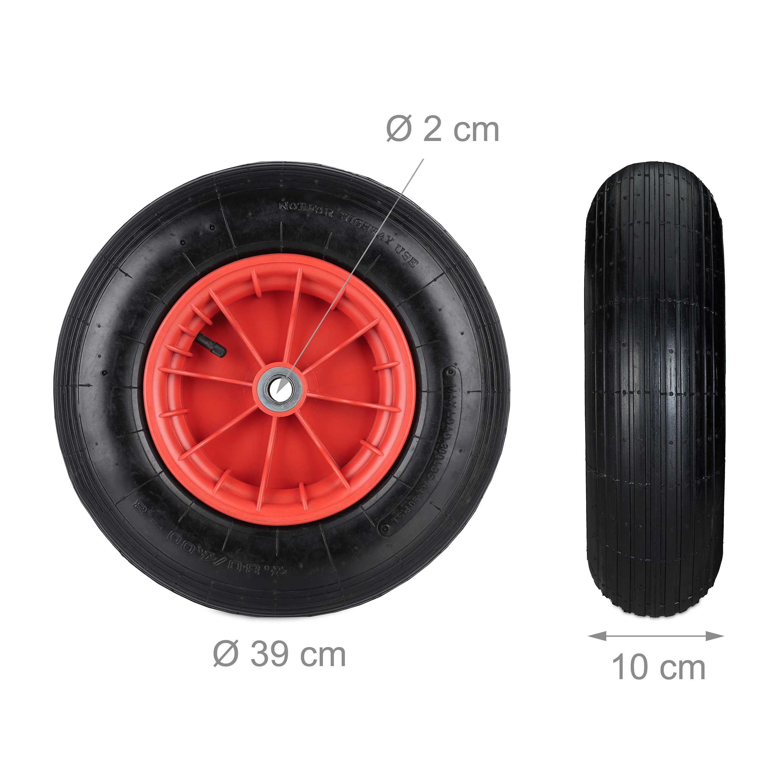 Relaxdays Roue de brouette 4.80/4.00-8, pneumatique, Jante en Acier, Charge maximale : 120 kg, avec Valve, Noir et Rouge