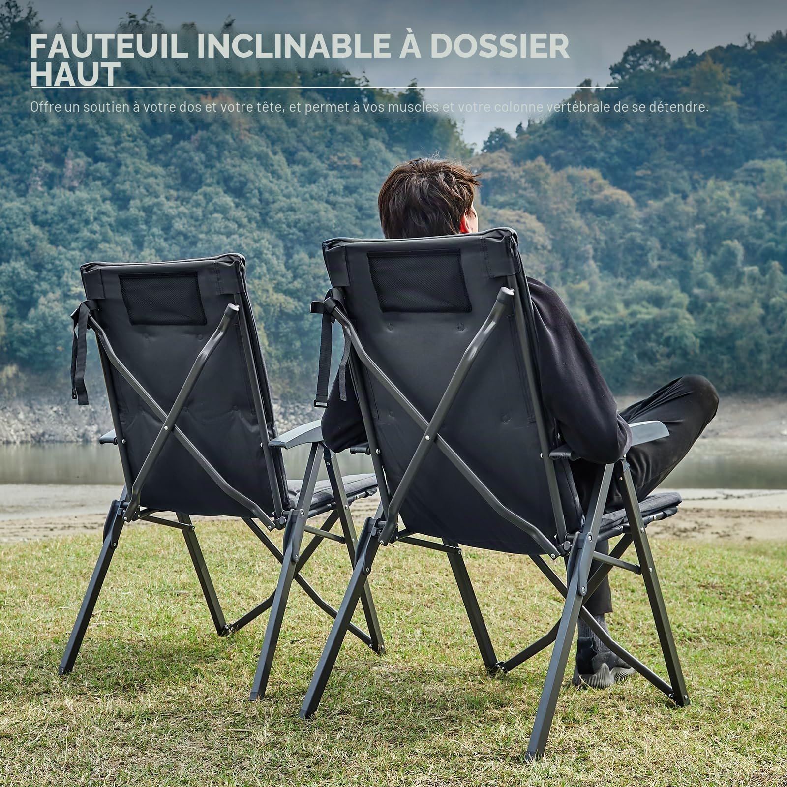 EVER ADVANCED Chaise Camping Pliable, Dossier réglable 4 pos., 150kg | Chaise pliante luxe 6cm épaisse, dossier haut, chaise de pêche, alu+acier, nior, 2pcs