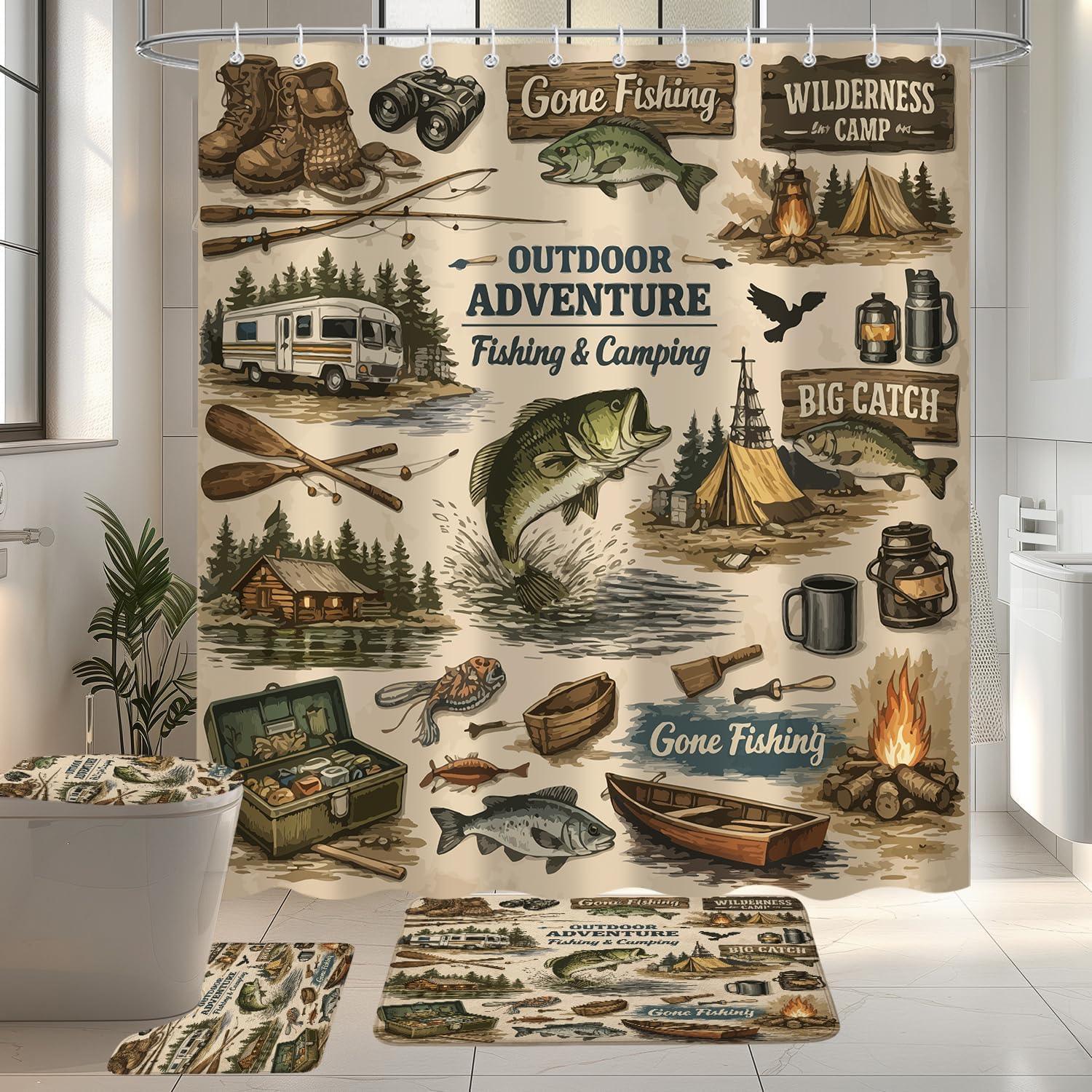 4PCS Fishing Shower Curtain Sets with Rugs, Rustic Fish Theme Rules Cabin Waterproof Bathroom Accessories with Non-Slip Bath Rugs, Toilet Lid Cover Bath Mat and 12 Hooks, Home Decor 72" X 72" image 3