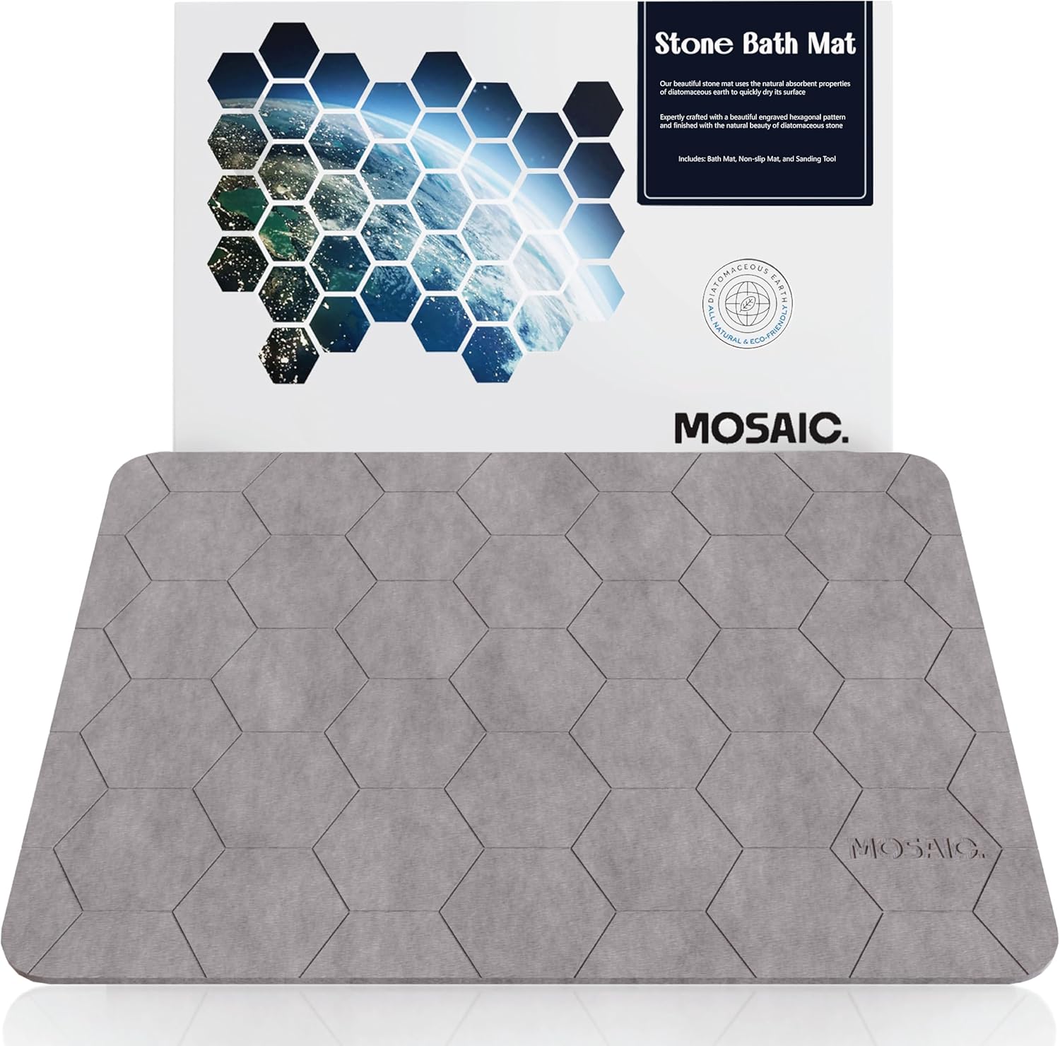 MOSAIC. Stone Bath Mat - Fast Drying Diatomaceous Earth - Exclusive Hexagon Pattern | Super Absorbent Bath Mat | Drying Stone for Kitchen Counter | Pet Bowl Stone Floor Mat | Gray 23.5" x 15"