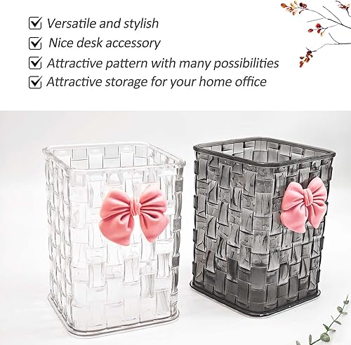 Miniatura 7 de Soporte para bolígrafo para escritorio, bonito soporte para brochas de maquillaje acrílico, textura tejida con decoración de lazo, papelería de