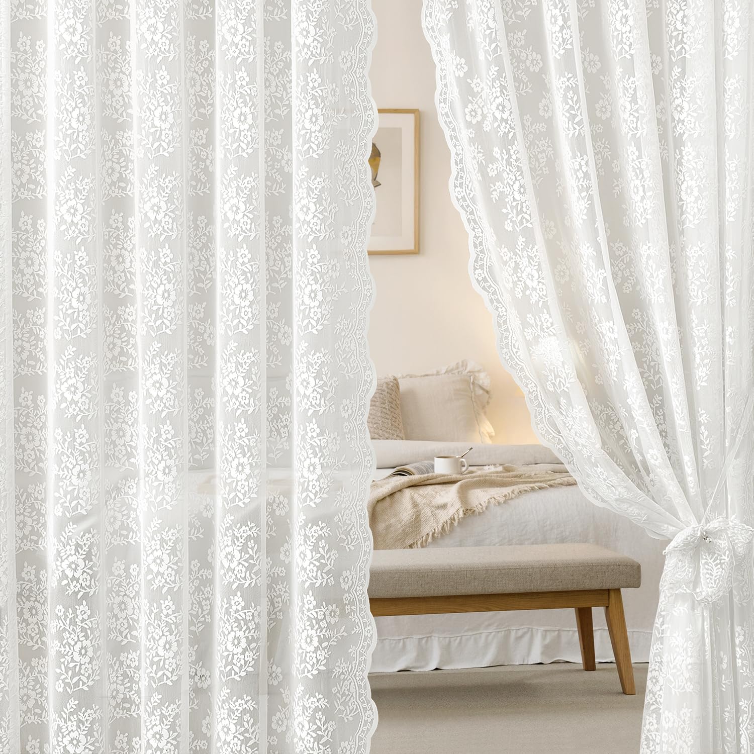 Amazon.com: Woaboy 2 Panels White Lace Curtains 63 Inches Long 52
