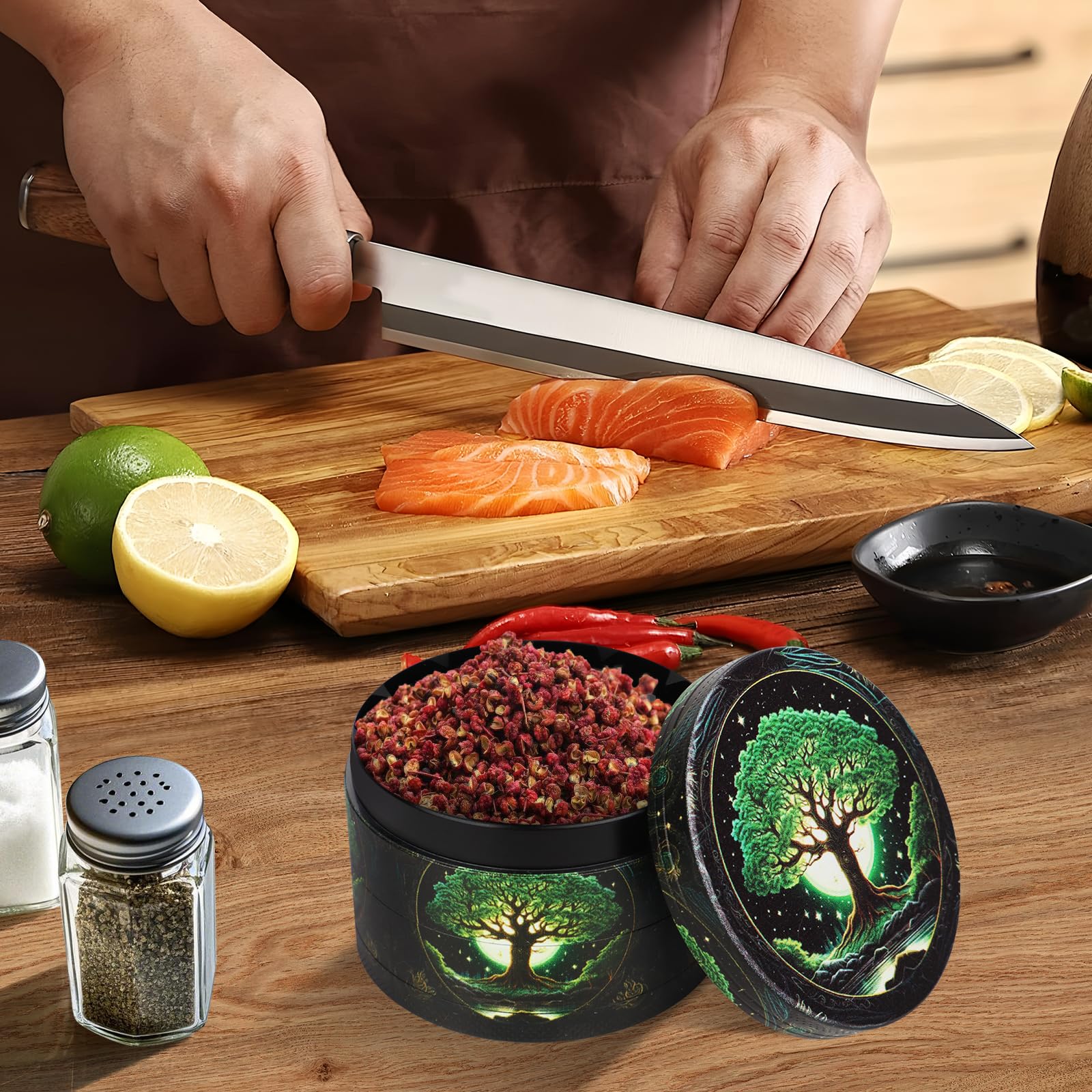 Grinder Grand broyeur 63 mm 40 dents de broyage Moulin à épices avec motif arbre en métal Lot de 4 pièces pour épices, épices, pollen