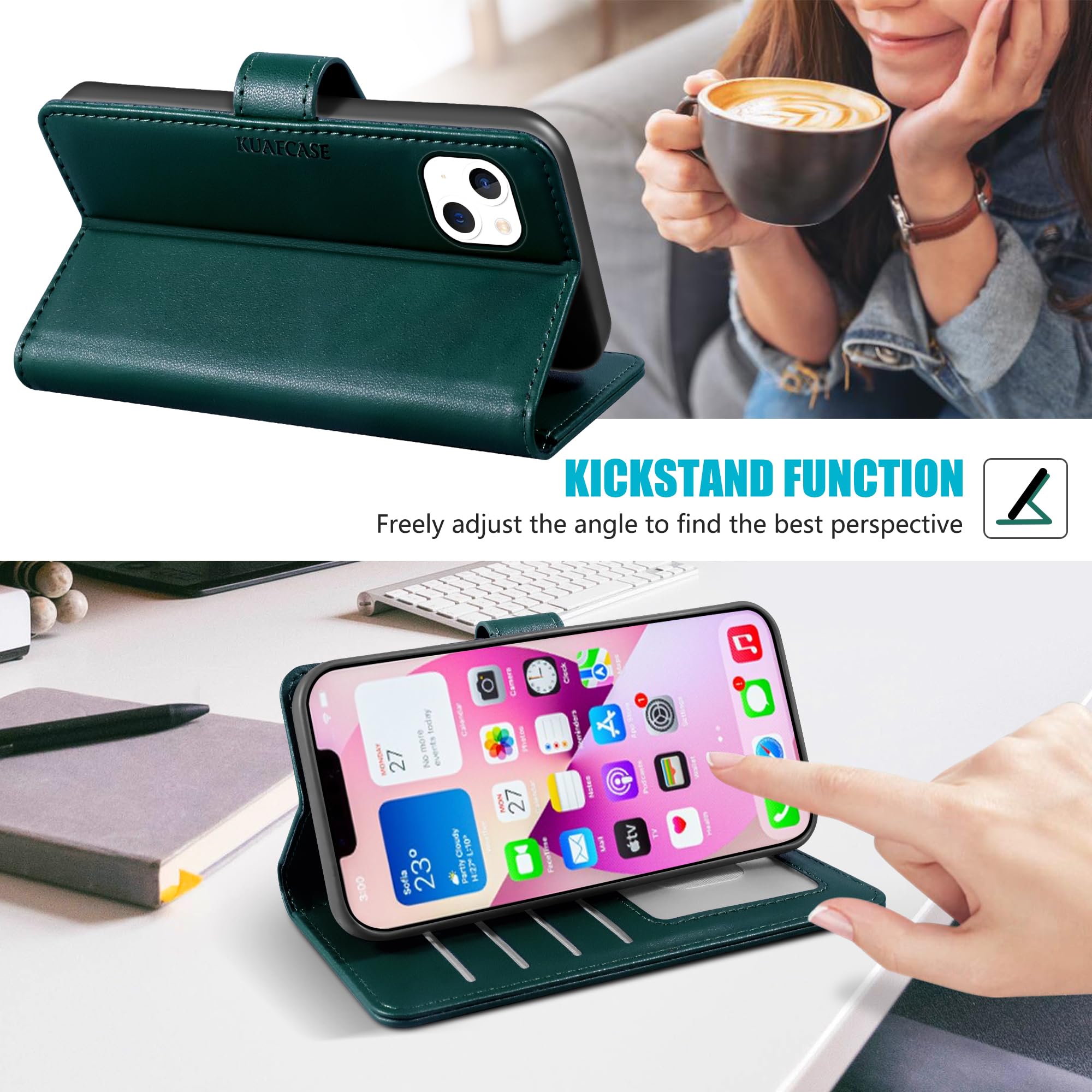 Kuafcase Compatible for iPhone 13 Case with 4 Card Slots Magnetic Closure Kickstand Shockproof Protective Phone Case Compatible for iPhone 13 - Image 4