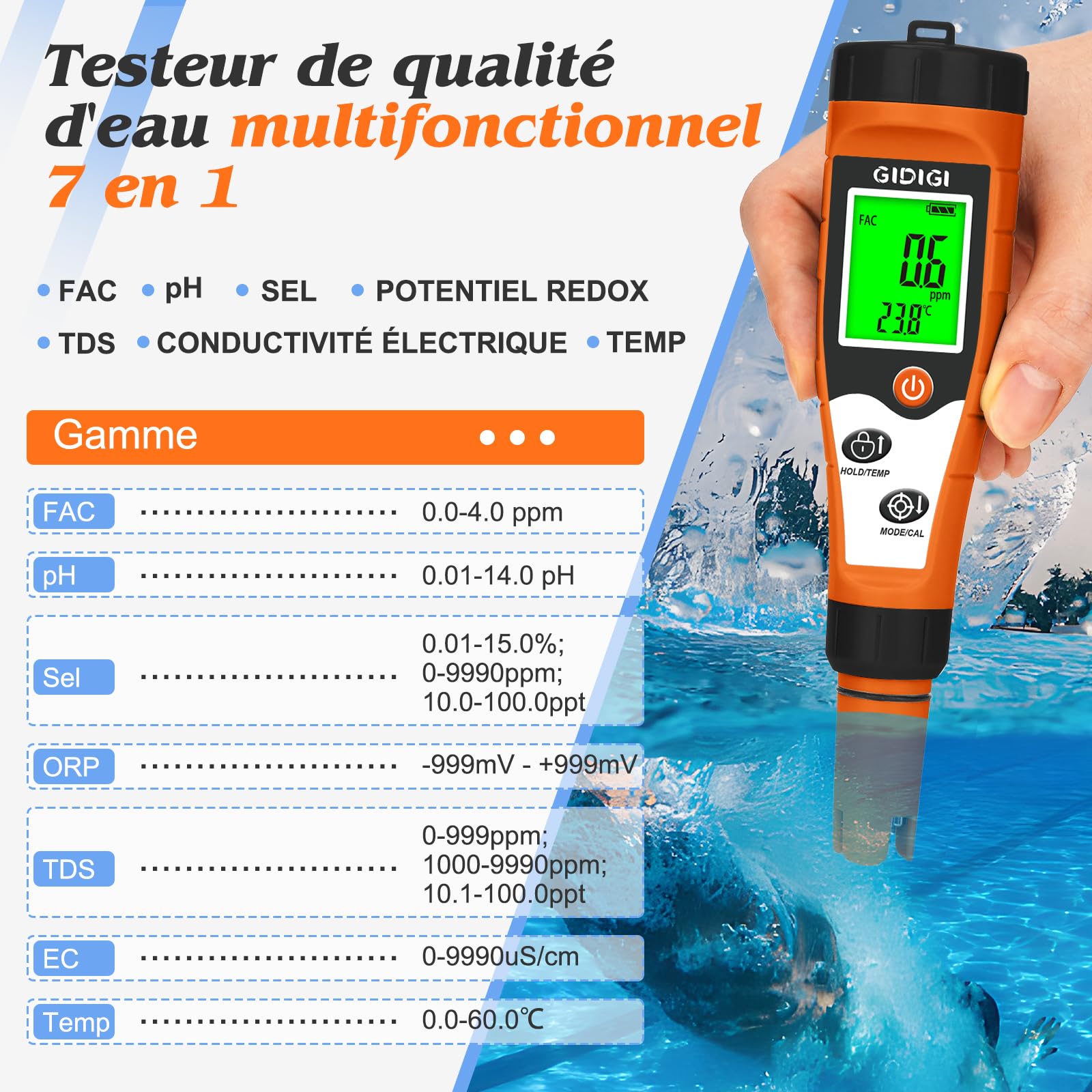 Testeur de chlore et de pH pour piscine, testeur de sel pour piscine, testeur d'eau 7 en 1 avec fonctions pH, ORP, chlore, EC, TDS et température pour piscine, spa et Eau domestique